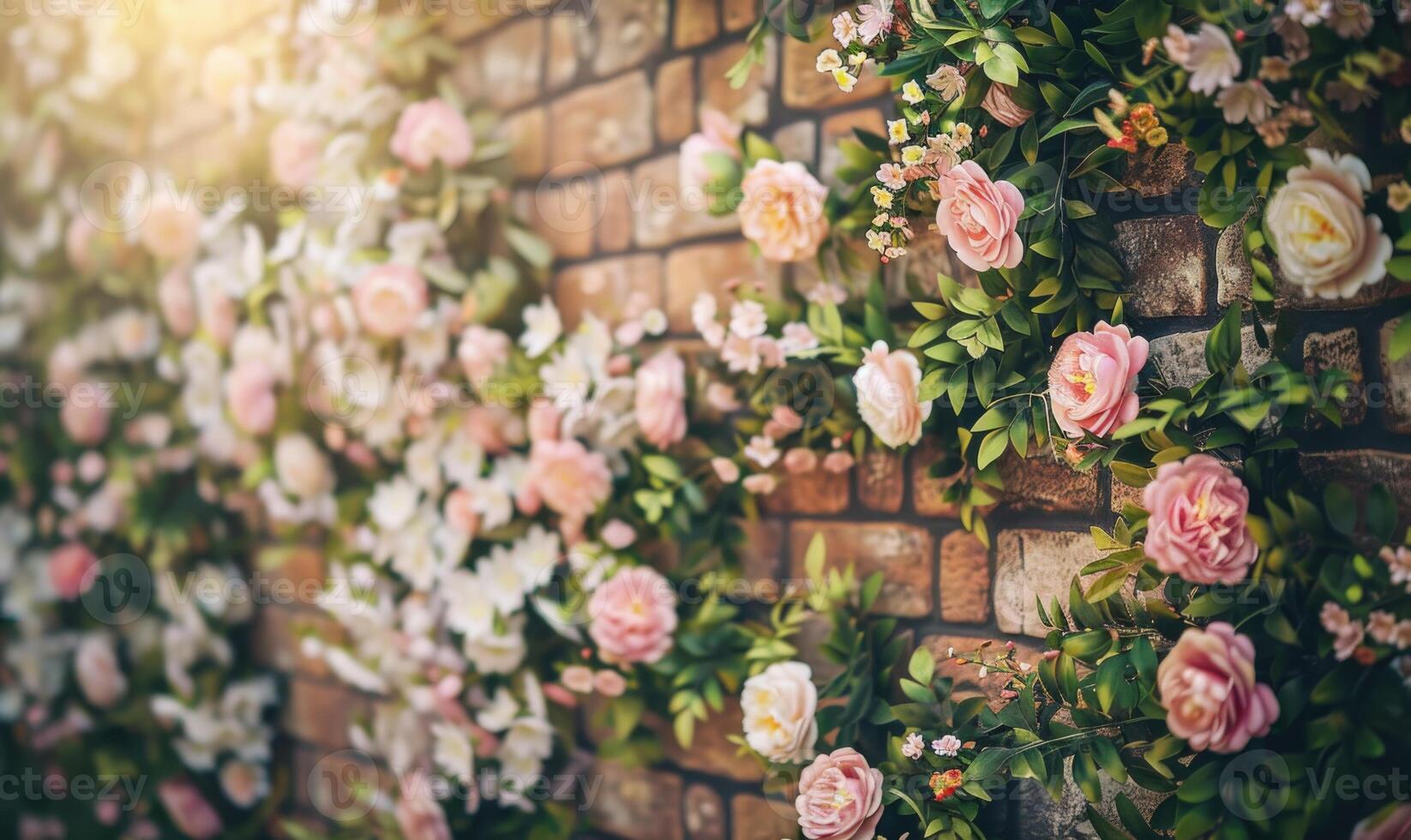 AI generated Beautiful roses on brick wall background with copy space. photo