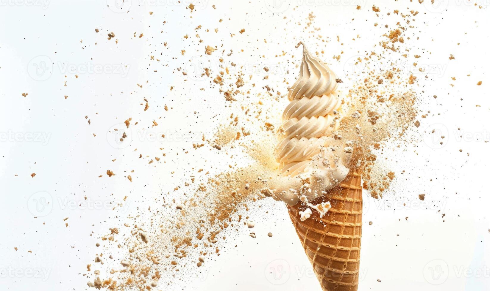 AI generated Ice cream cone explosion on white background photo
