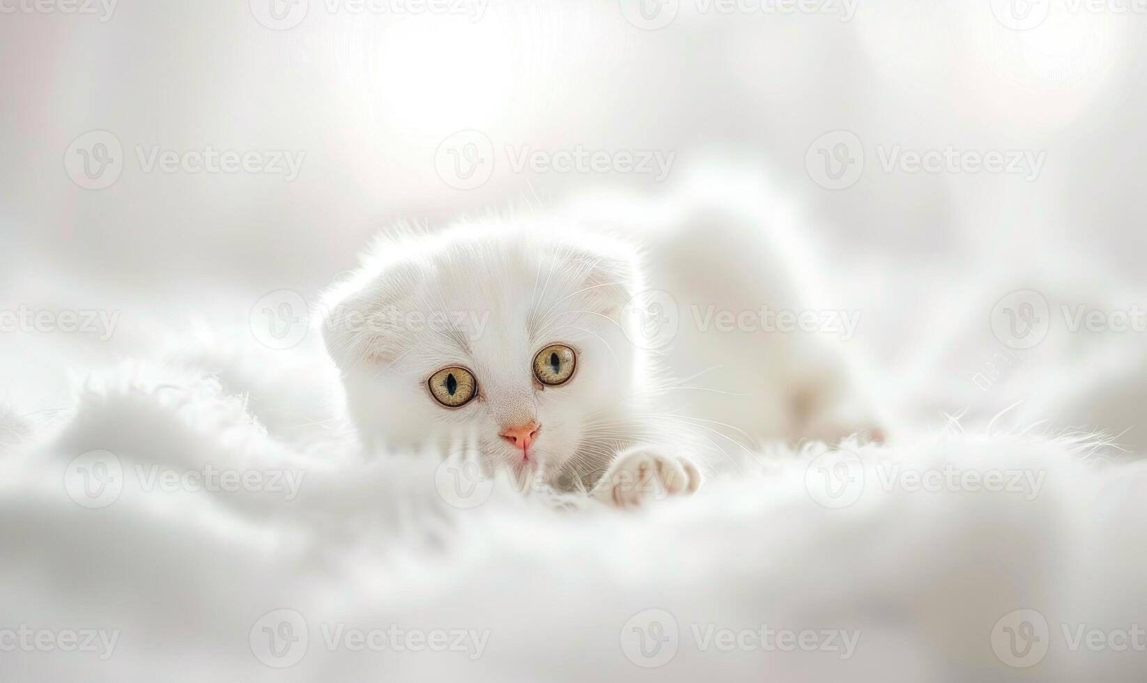 AI generated White Scottish Fold kitten on white blanket, close-up portrait photo