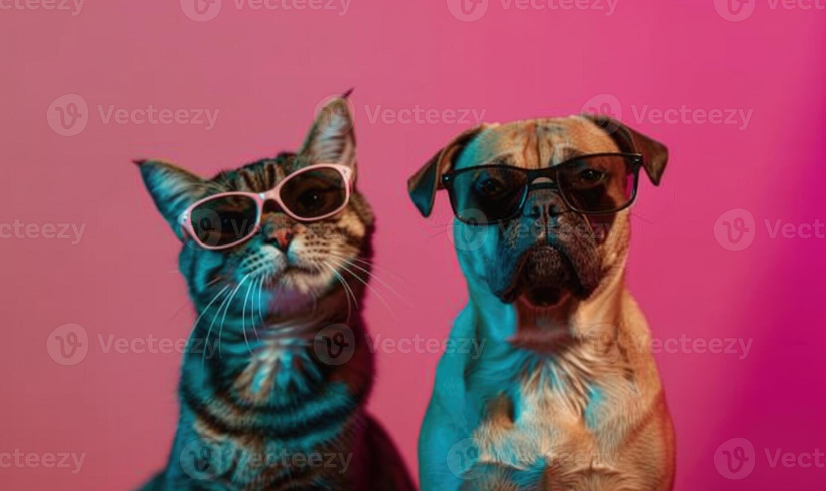 ai generado linda gato y perro vistiendo Gafas de sol en rosado antecedentes con Copiar espacio foto