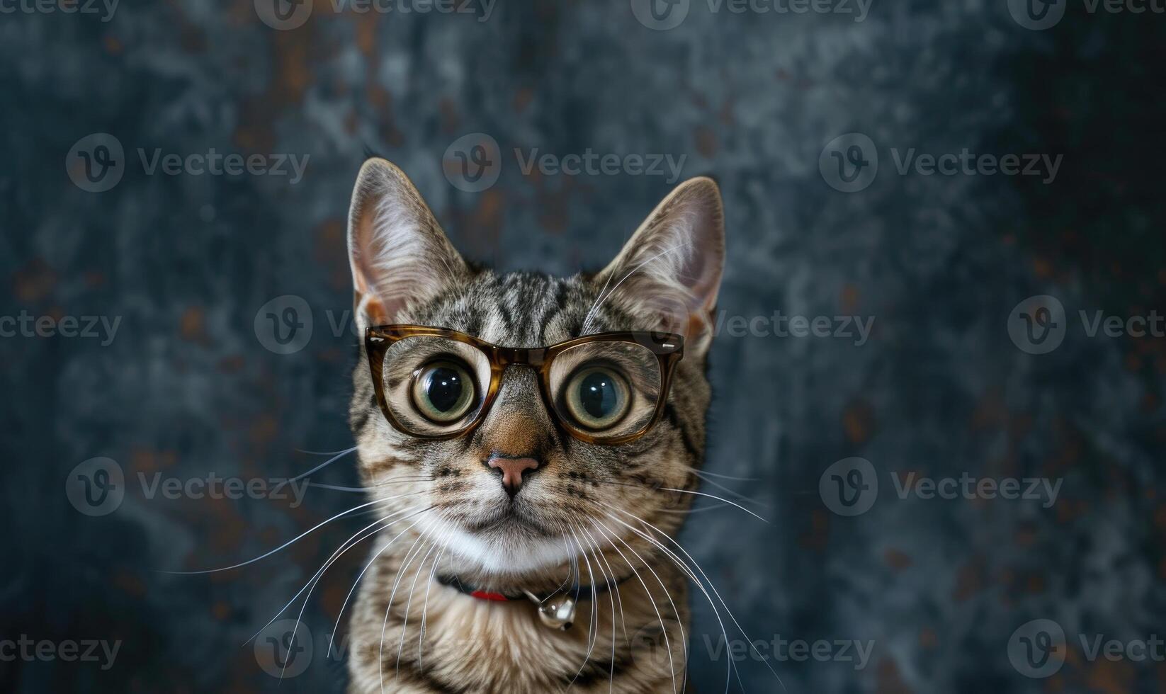 AI generated Portrait of a cute cat with glasses on a dark background. photo