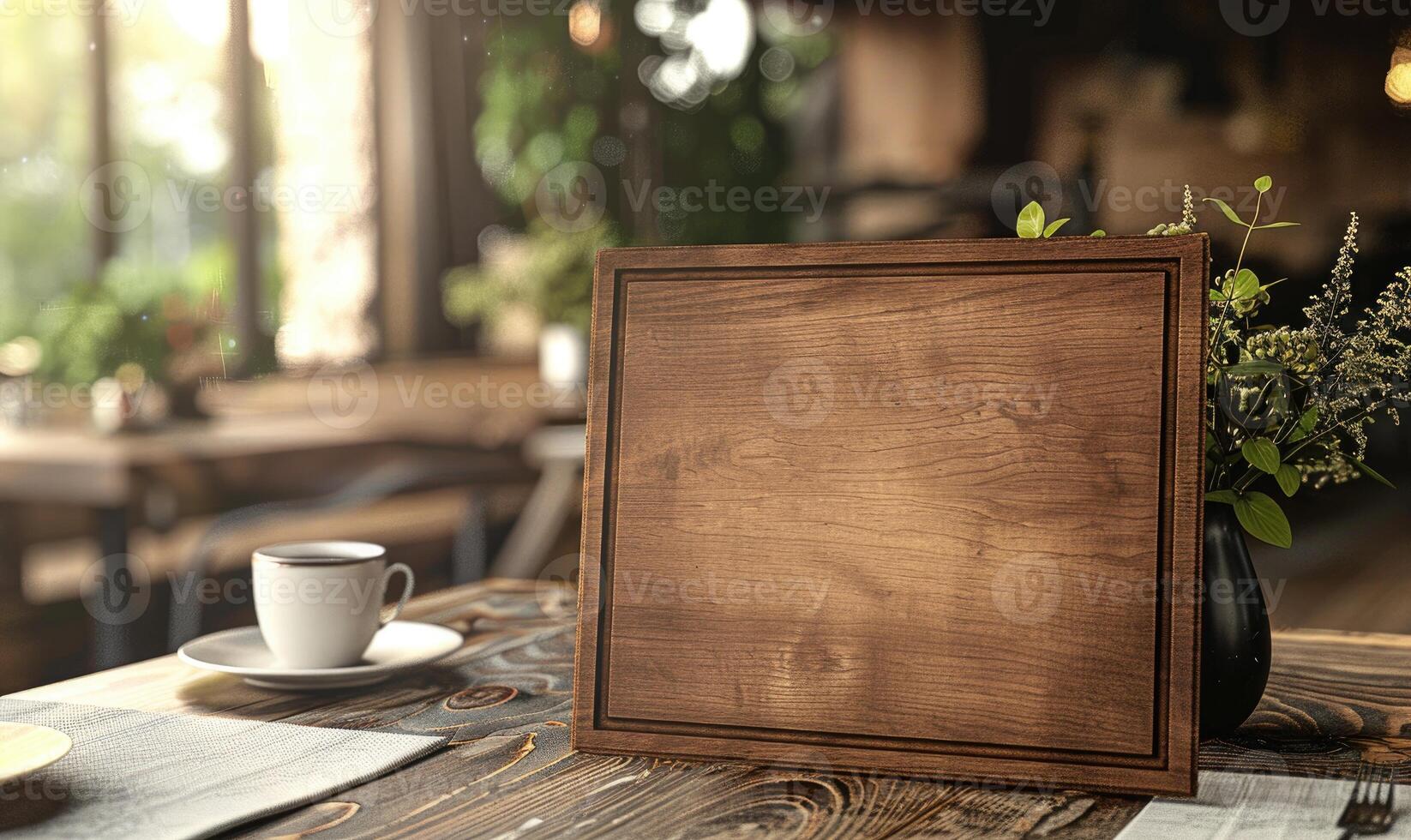 AI generated Blank wooden menu board on wooden table in cafe. photo