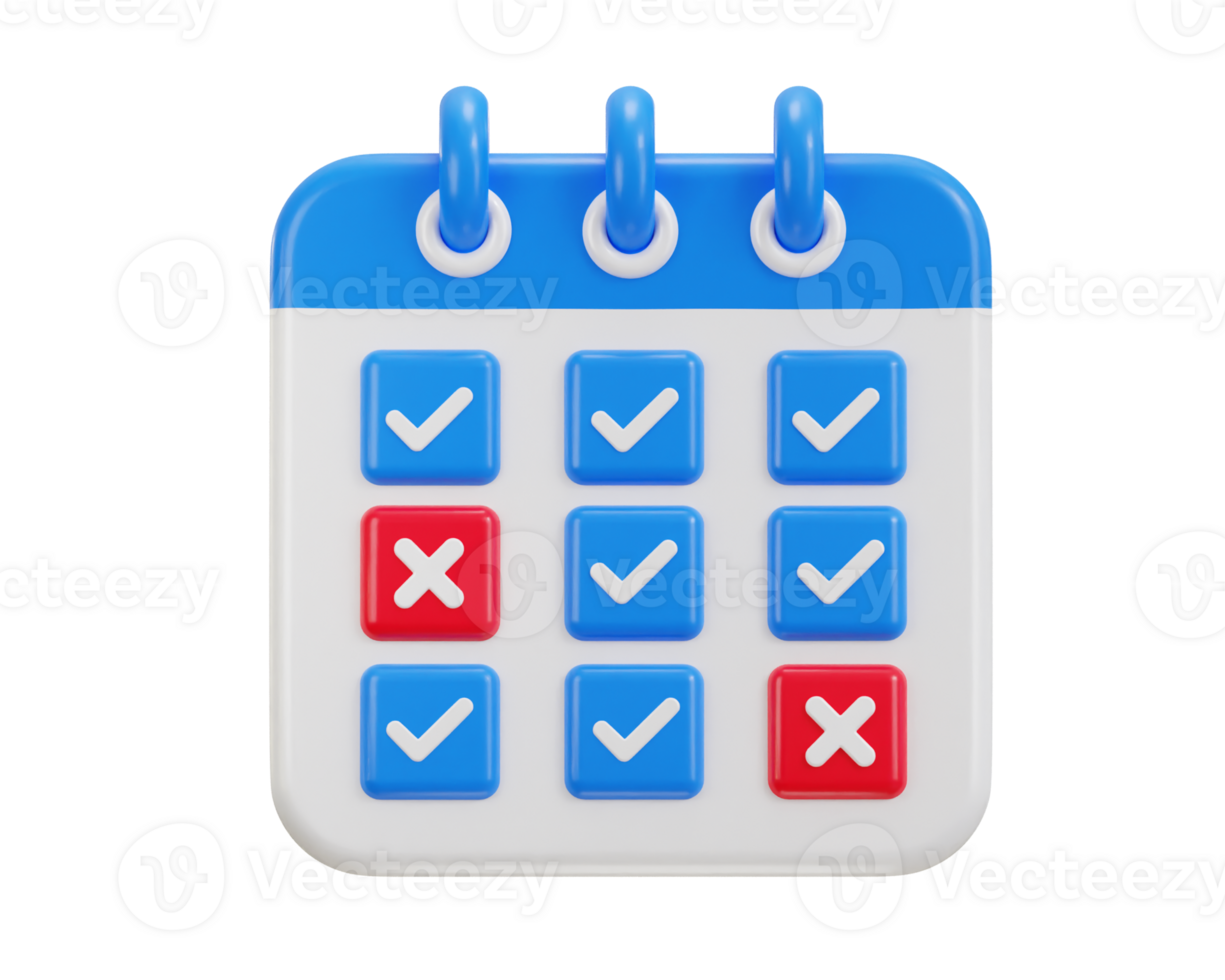 Calendar with checklist on date schedule 3d rendering illustration png