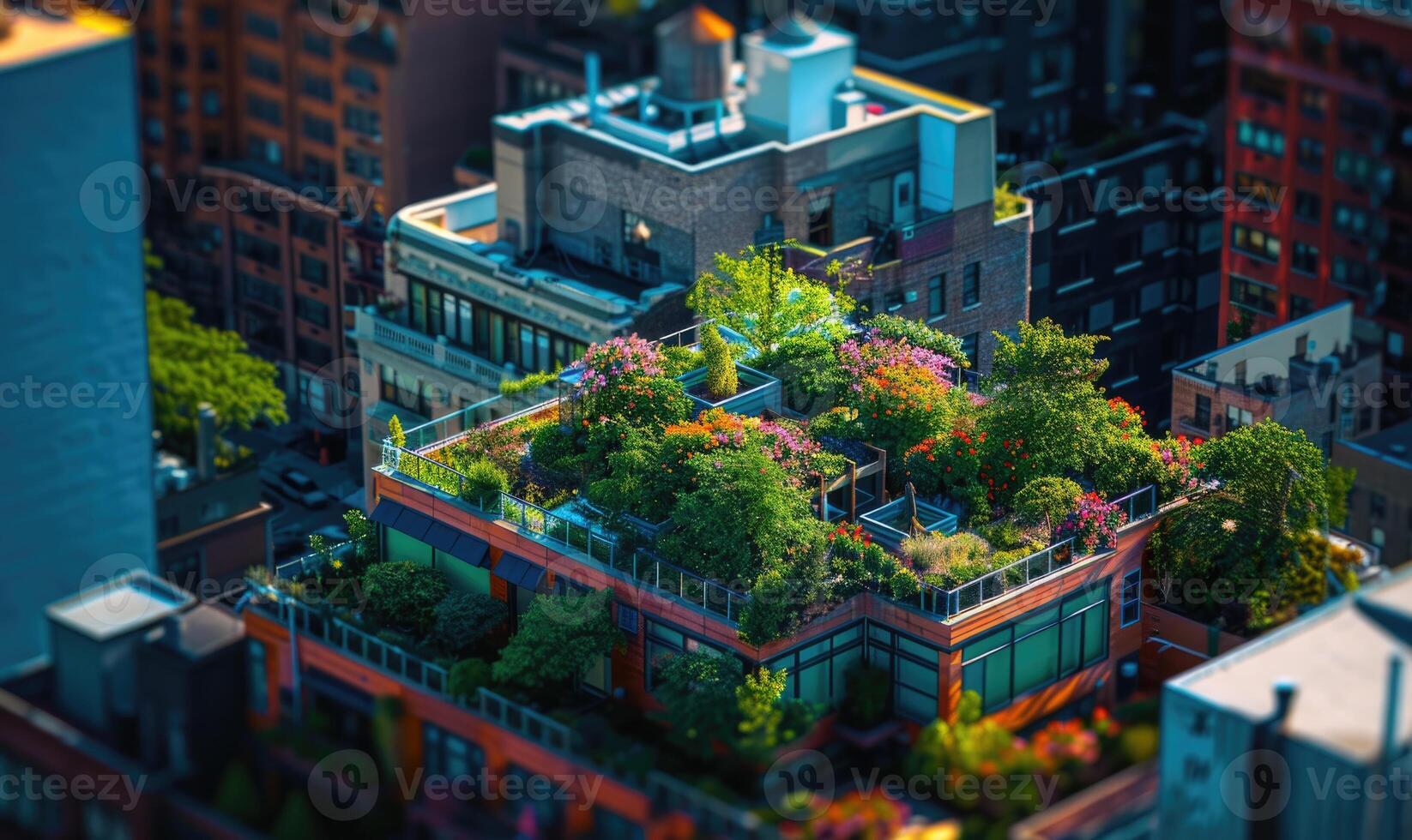 AI generated Urban rooftop garden. Modern skyscrapers, view from a terrace. photo