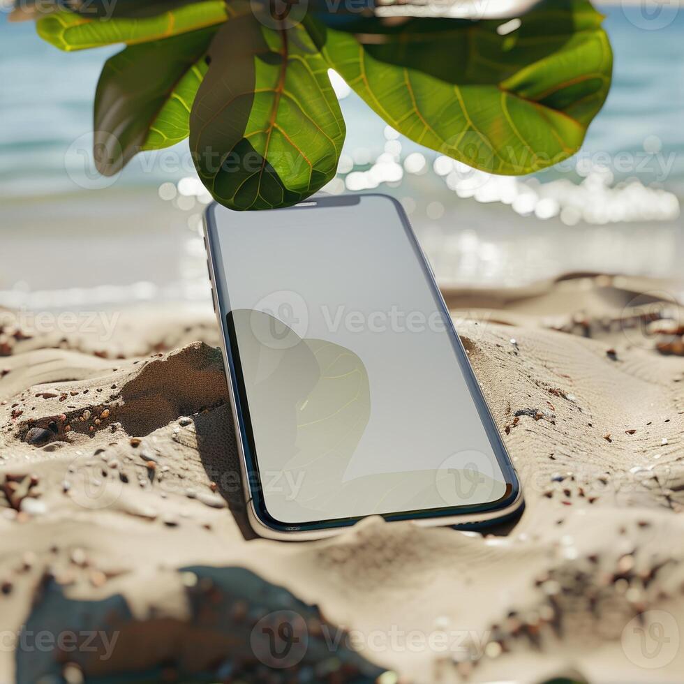 ai generado teléfono inteligente Bosquejo con un blanco pantalla en un tranquilo playa fondo, viaje y turismo foto