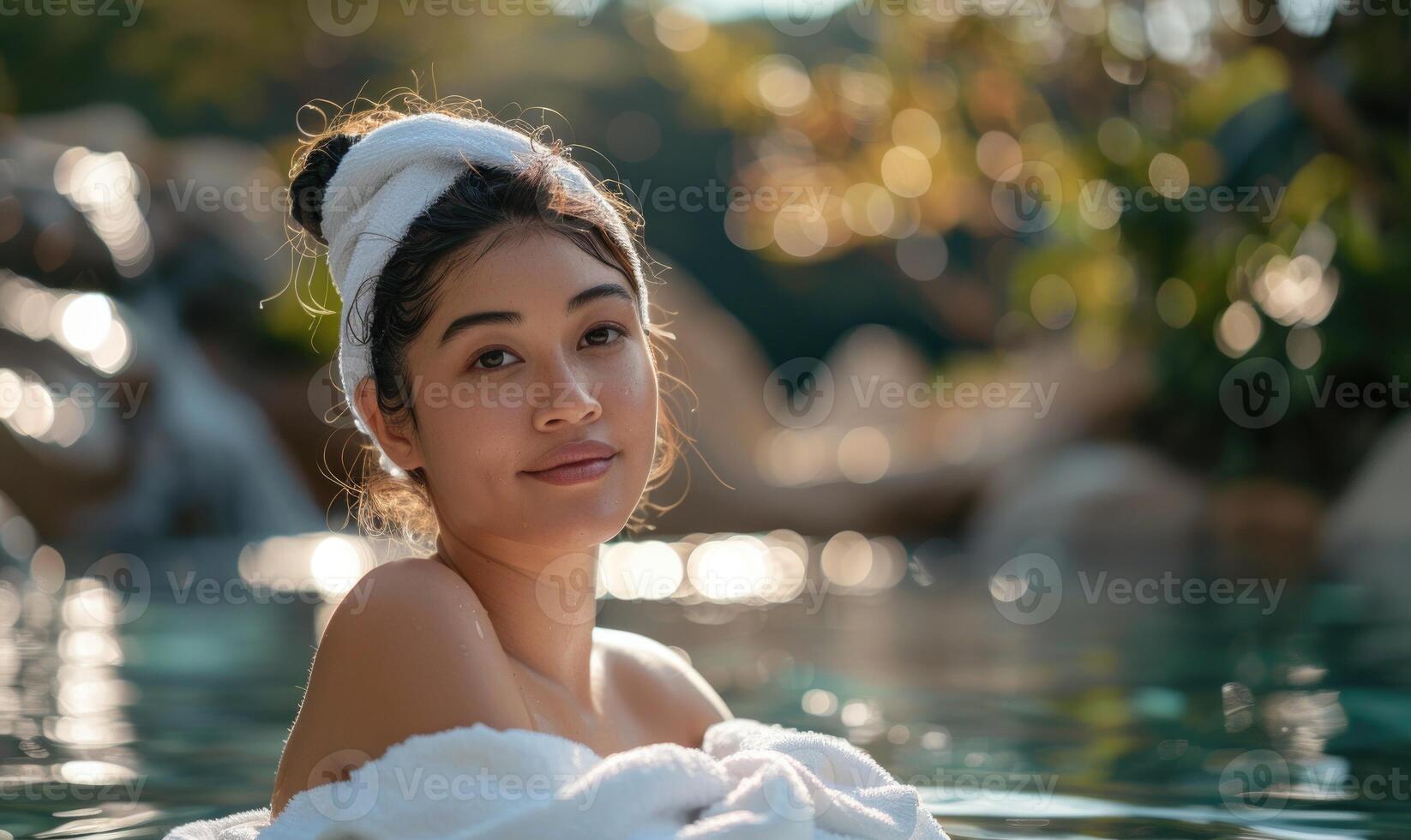 AI generated Portrait of young beautiful woman relaxing in swimming pool at spa resort photo
