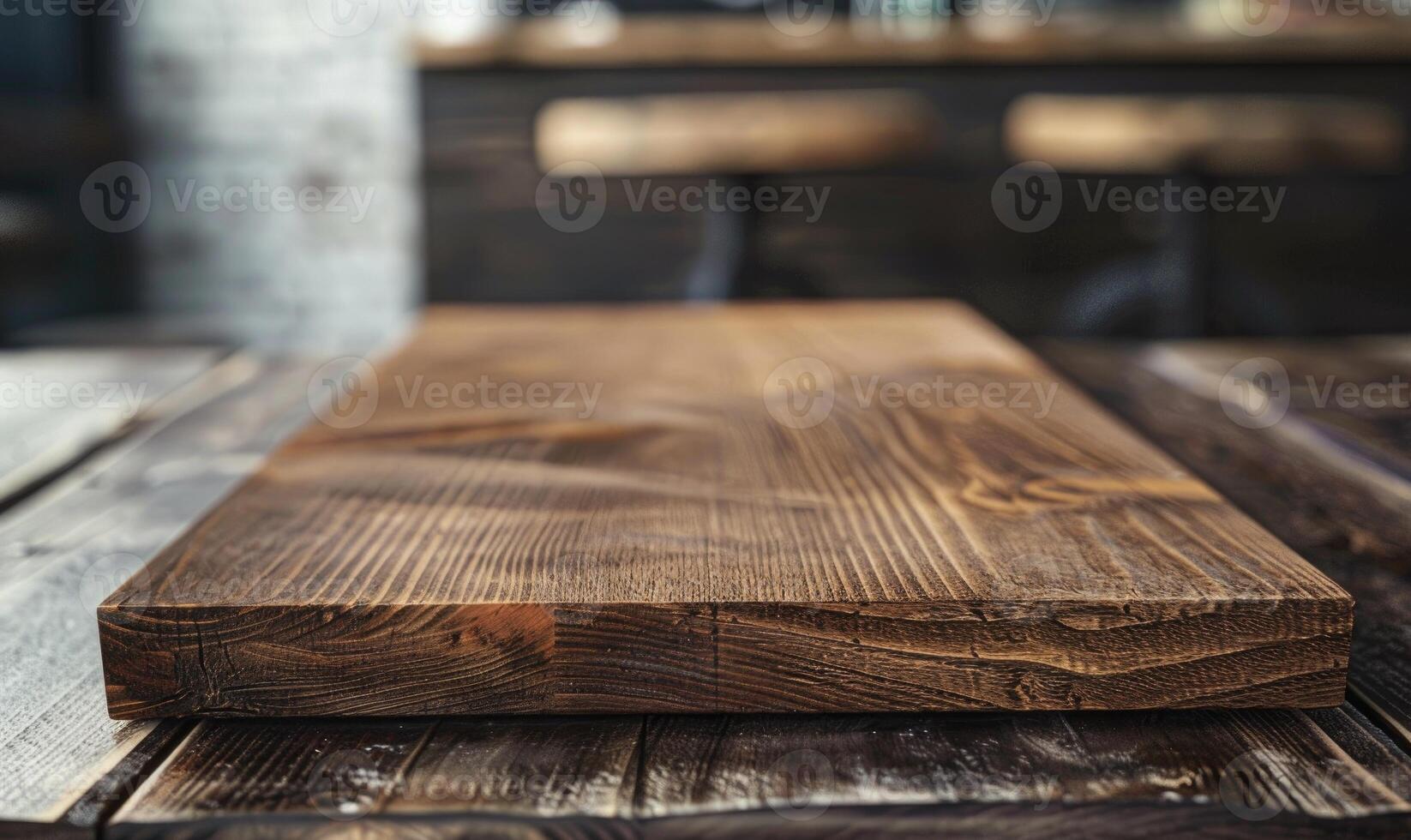 AI generated Empty wooden table in coffee shop interior with bokeh background. photo