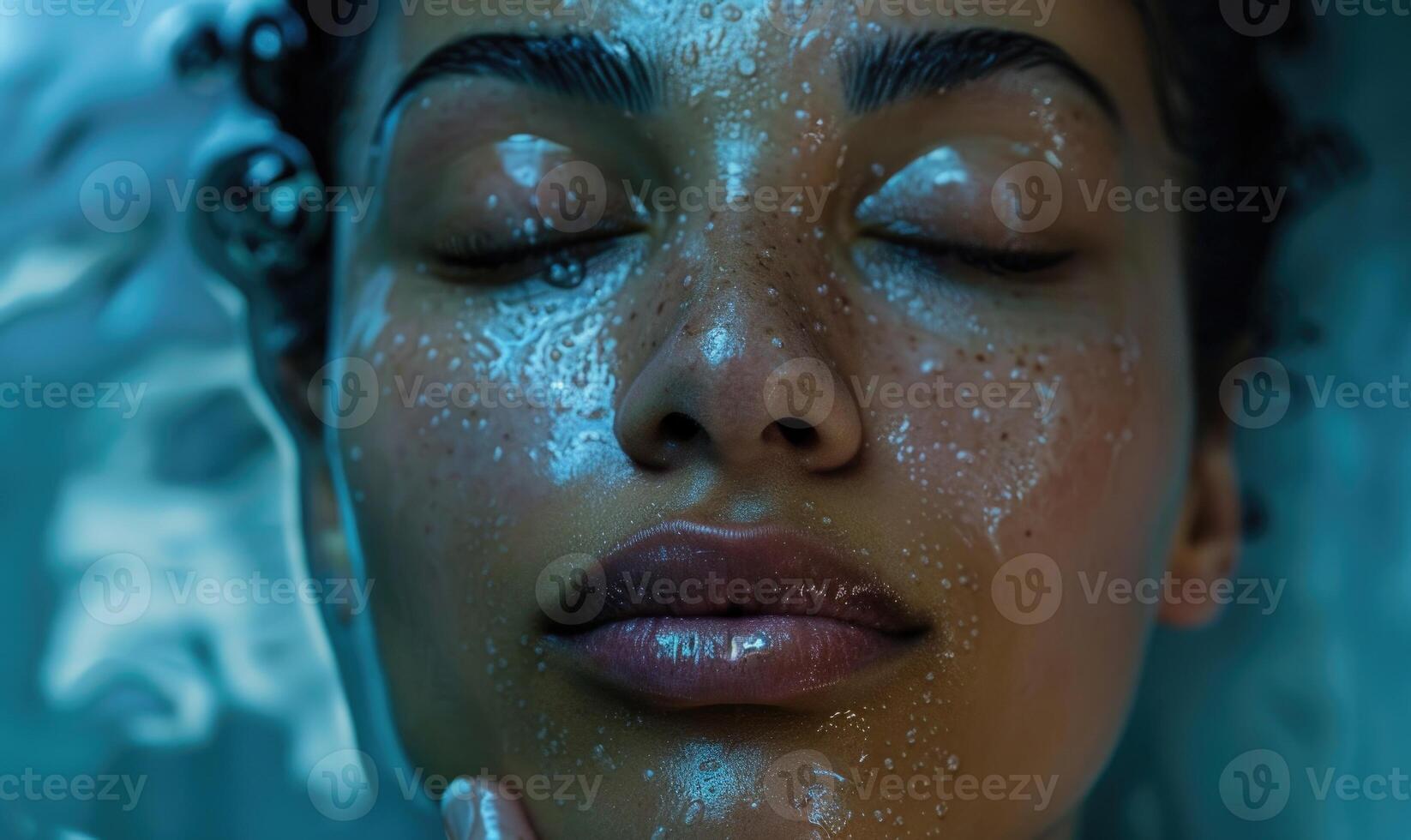 ai generado de cerca retrato de un hermosa joven mujer con agua en rostro. piel cuidado foto