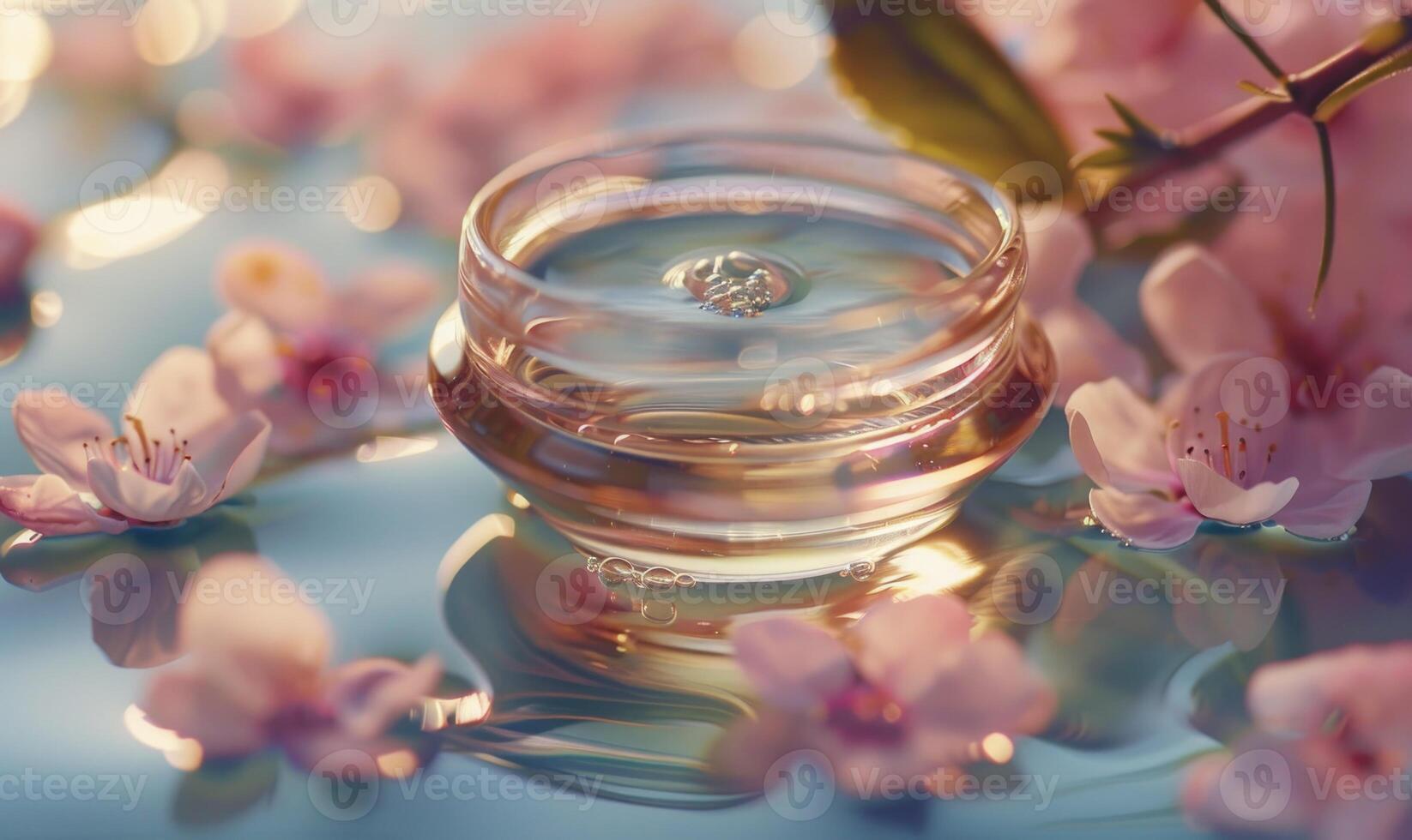 AI generated Cherry blossoms and natural cosmetic in glass jar on water surface photo