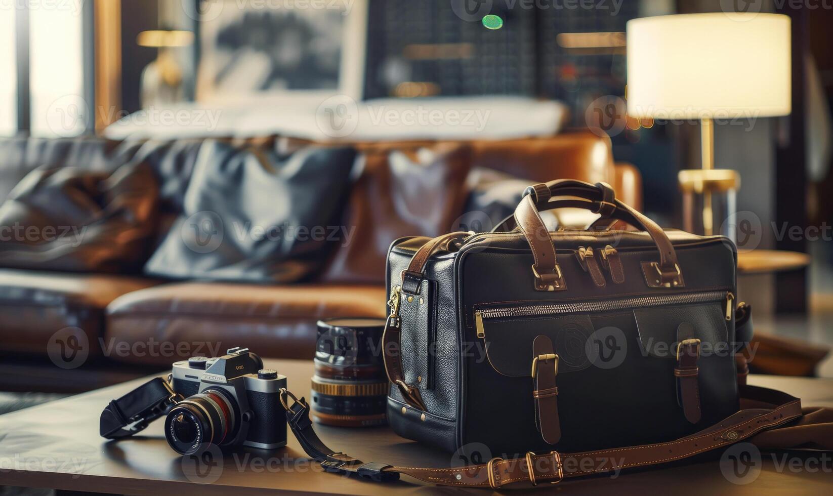 AI generated travel bag on the sofa in hotel room, travel and tourism concept photo