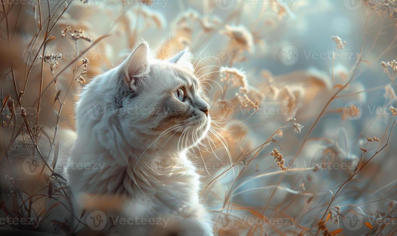 AI generated beautiful white cat on a background of autumn grass in the sun photo