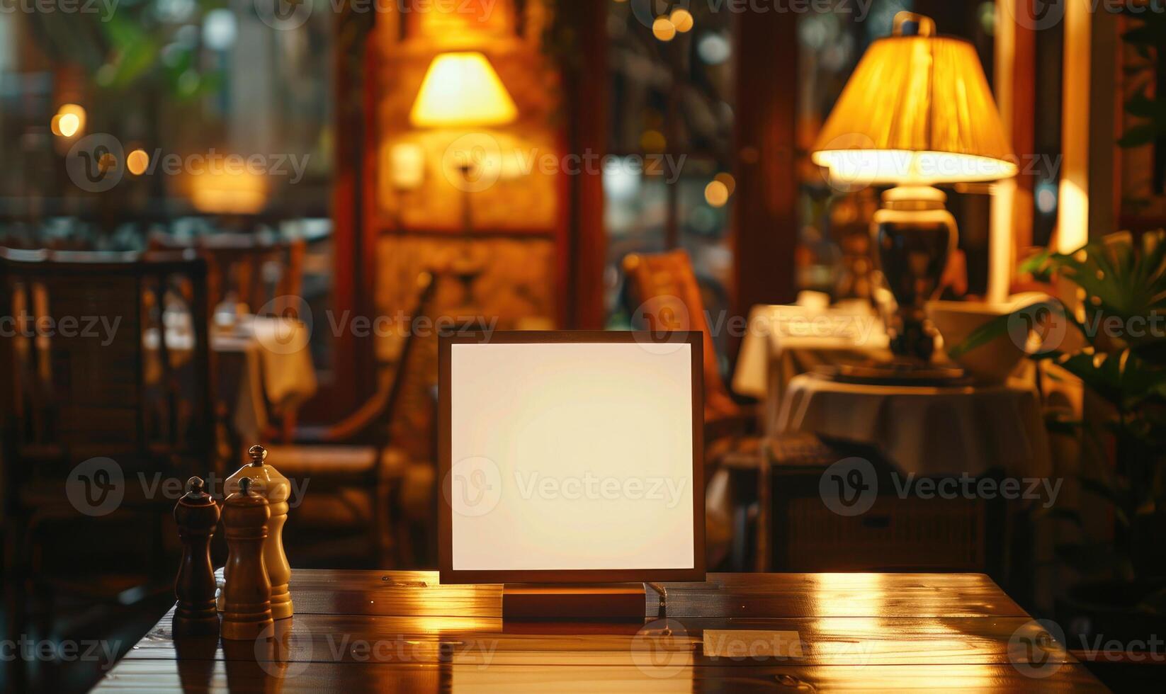 AI generated Empty wooden board on table in cafe, closeup. Space for text. Mock up for menu or design photo