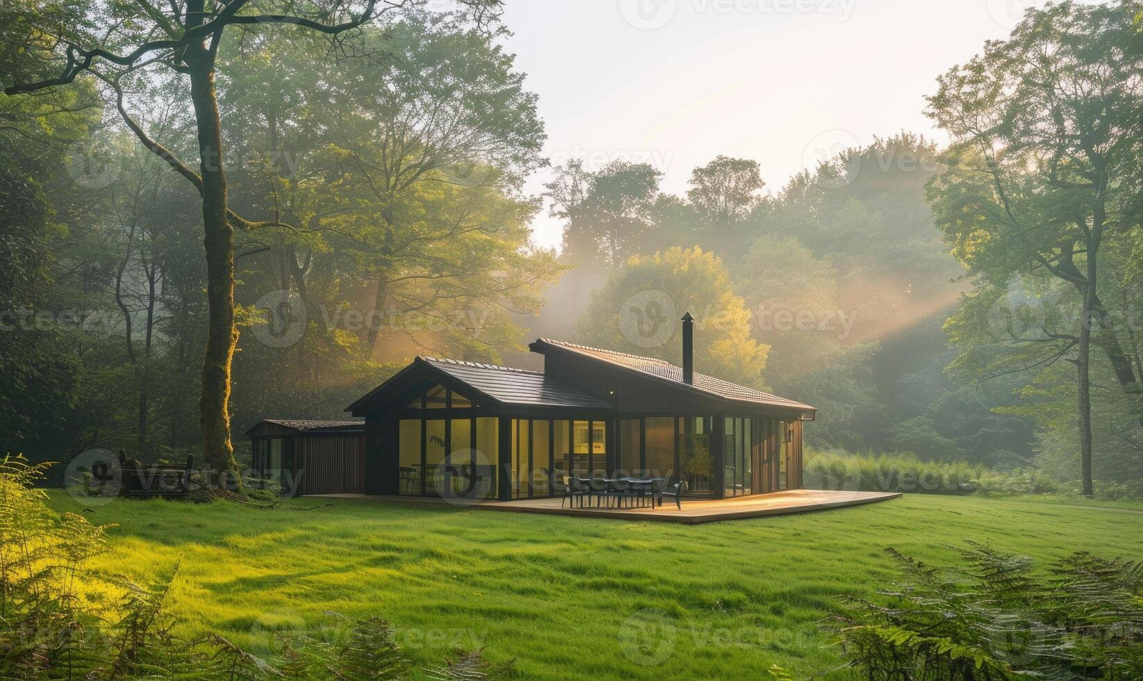 ai generado Mañana niebla envolvente un contemporáneo de madera cabina oculto profundo dentro un primavera jardín lleno con floreciente iris y lirios foto