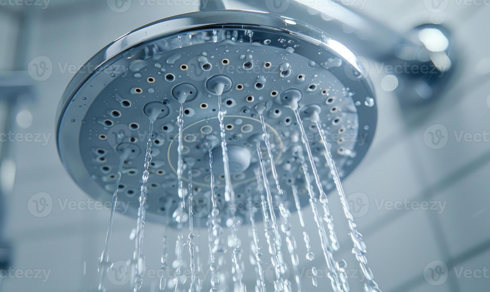 AI generated Shower head with water drops in the bathroom. Shower head with running water. photo