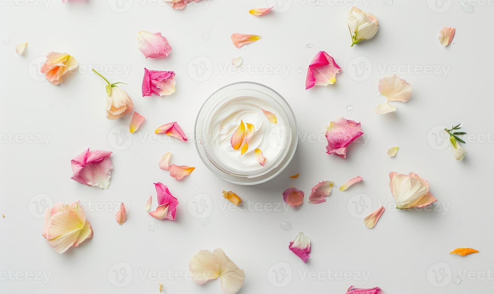 AI generated Creme jar blank mockup surrounded by delicate flower petals photo