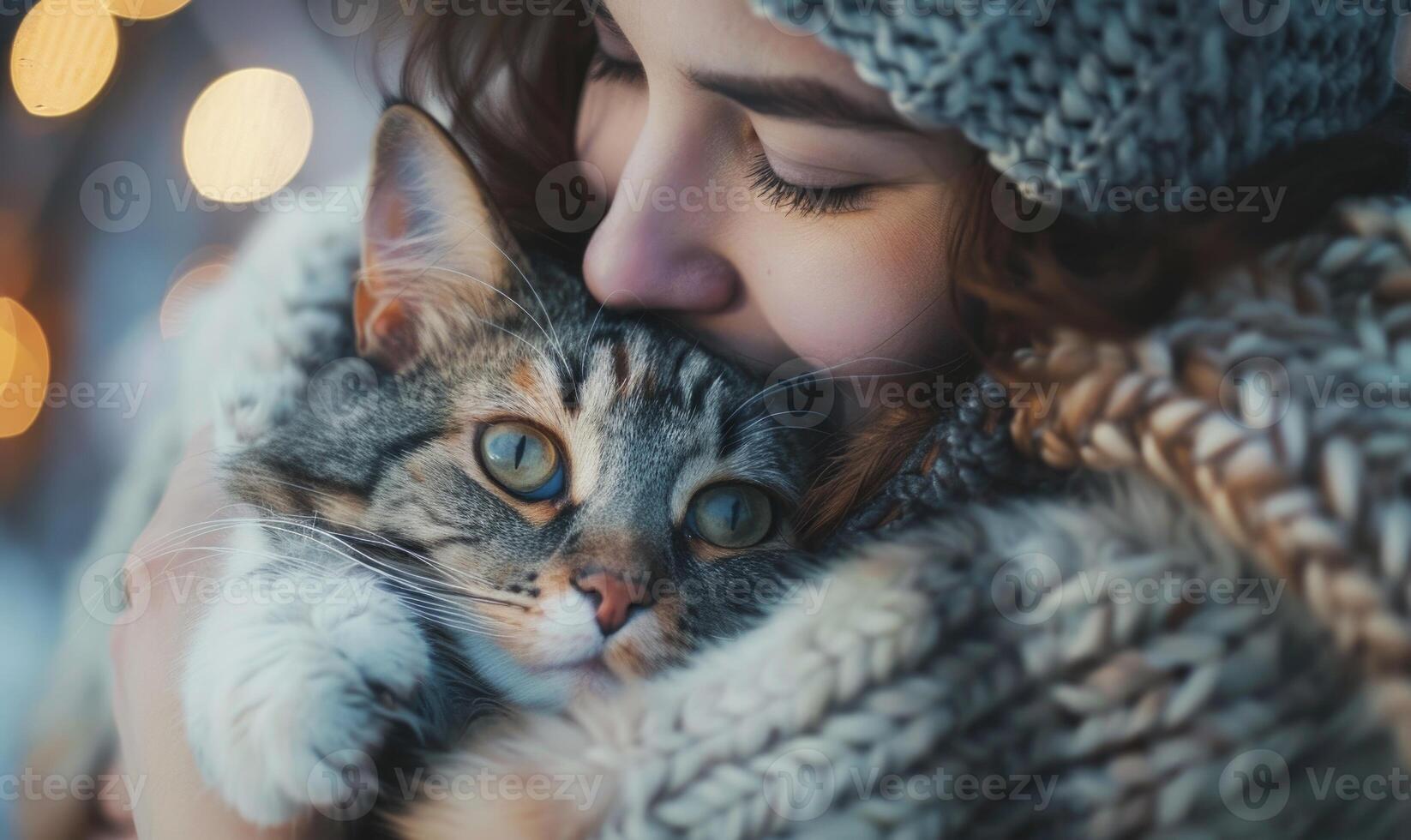 AI generated Beautiful young woman in a warm sweater with a cat in her arms. photo