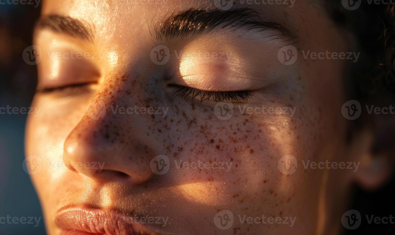 AI generated Close up portrait of a beautiful young woman with freckles on her face photo