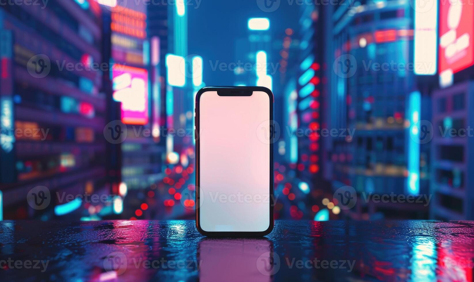 AI generated Smartphone mockup with a blank screen on a vibrant cityscape background photo