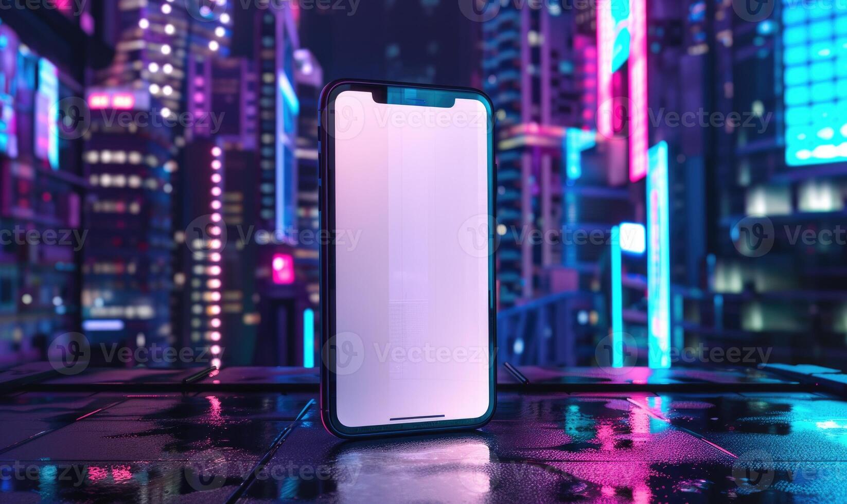 AI generated Smartphone mockup with a blank screen on a vibrant cityscape background photo