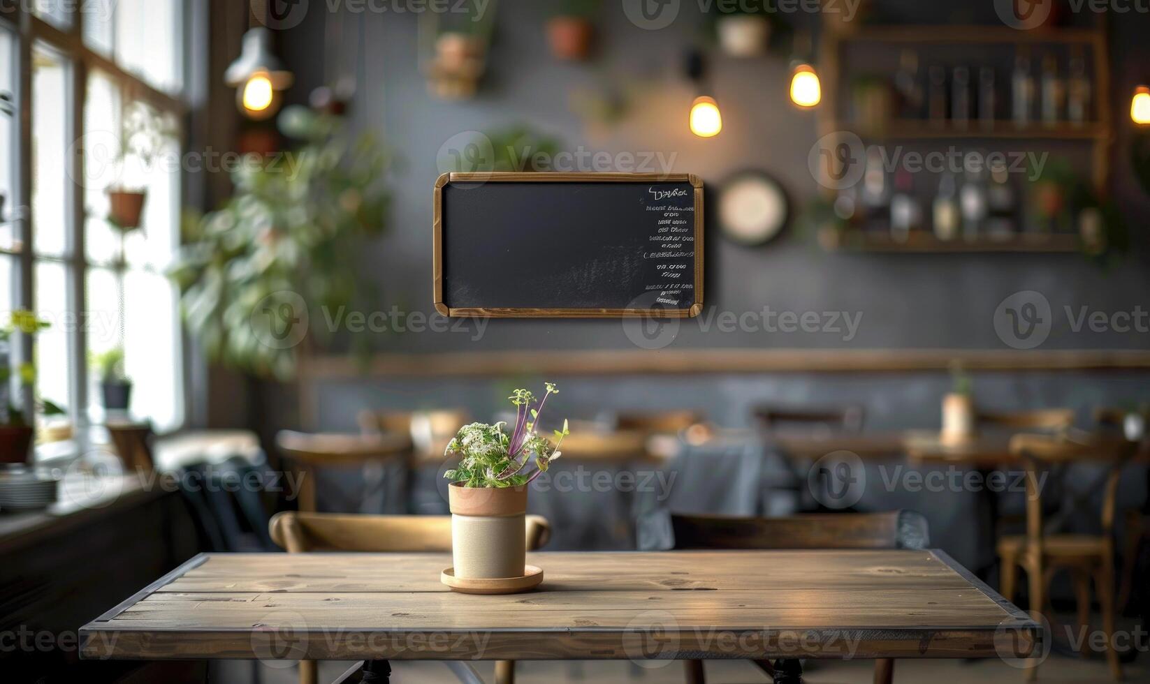 ai generado vacío pizarra en de madera mesa en café tienda. foto