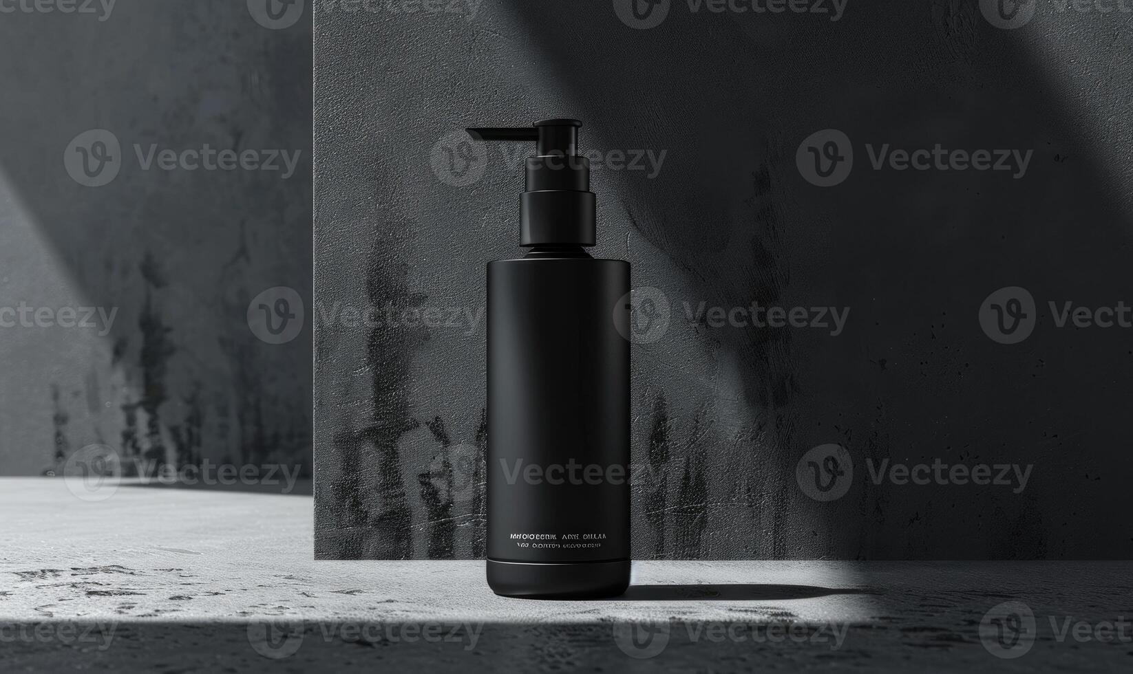 AI generated Studio shot of a matte black glass bottle mockup showcasing a product, minimalist branding photo