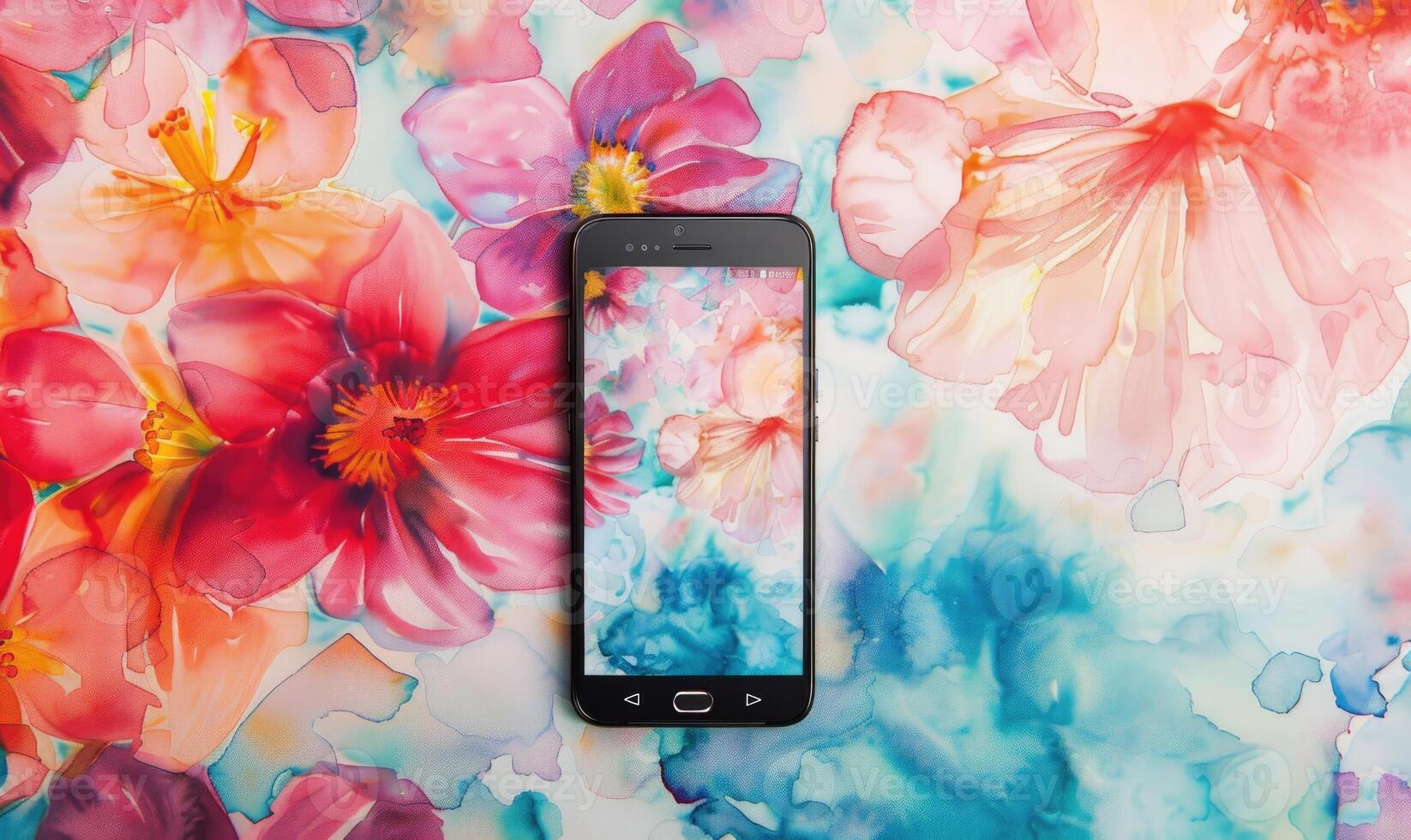 ai generado artístico teléfono inteligente Bosquejo en contra un vibrante acuarela floral sin costura antecedentes foto
