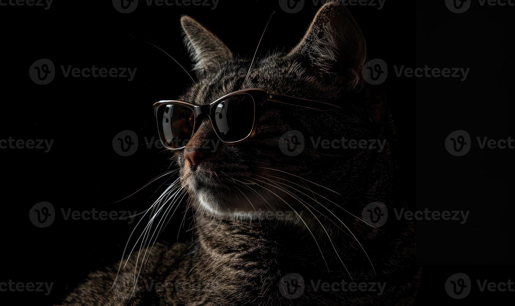 AI generated Closeup portrait of a cat wearing sunglasses on a black background. photo