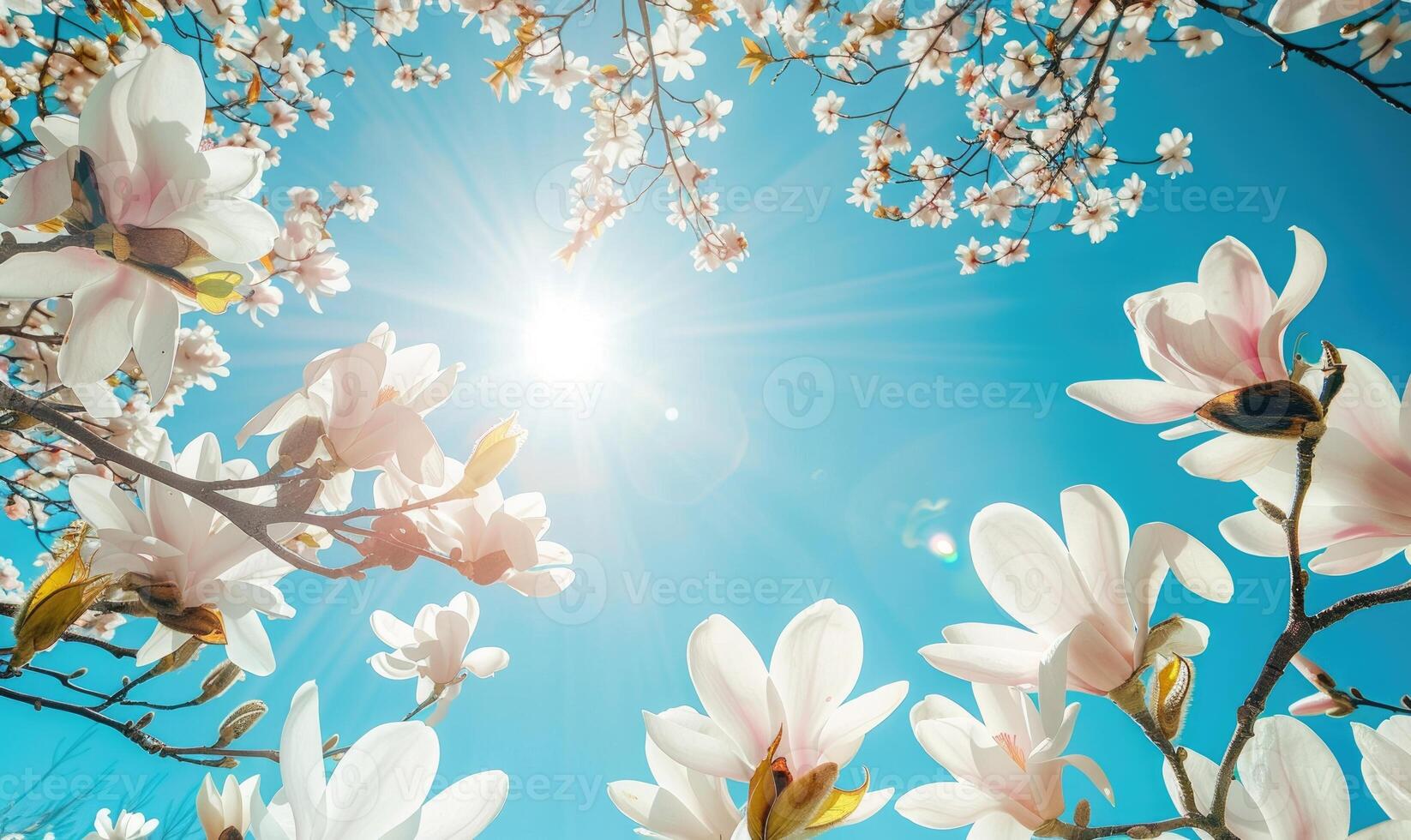 AI generated White magnolia tree branches laden with blossoms against a bright blue sky photo