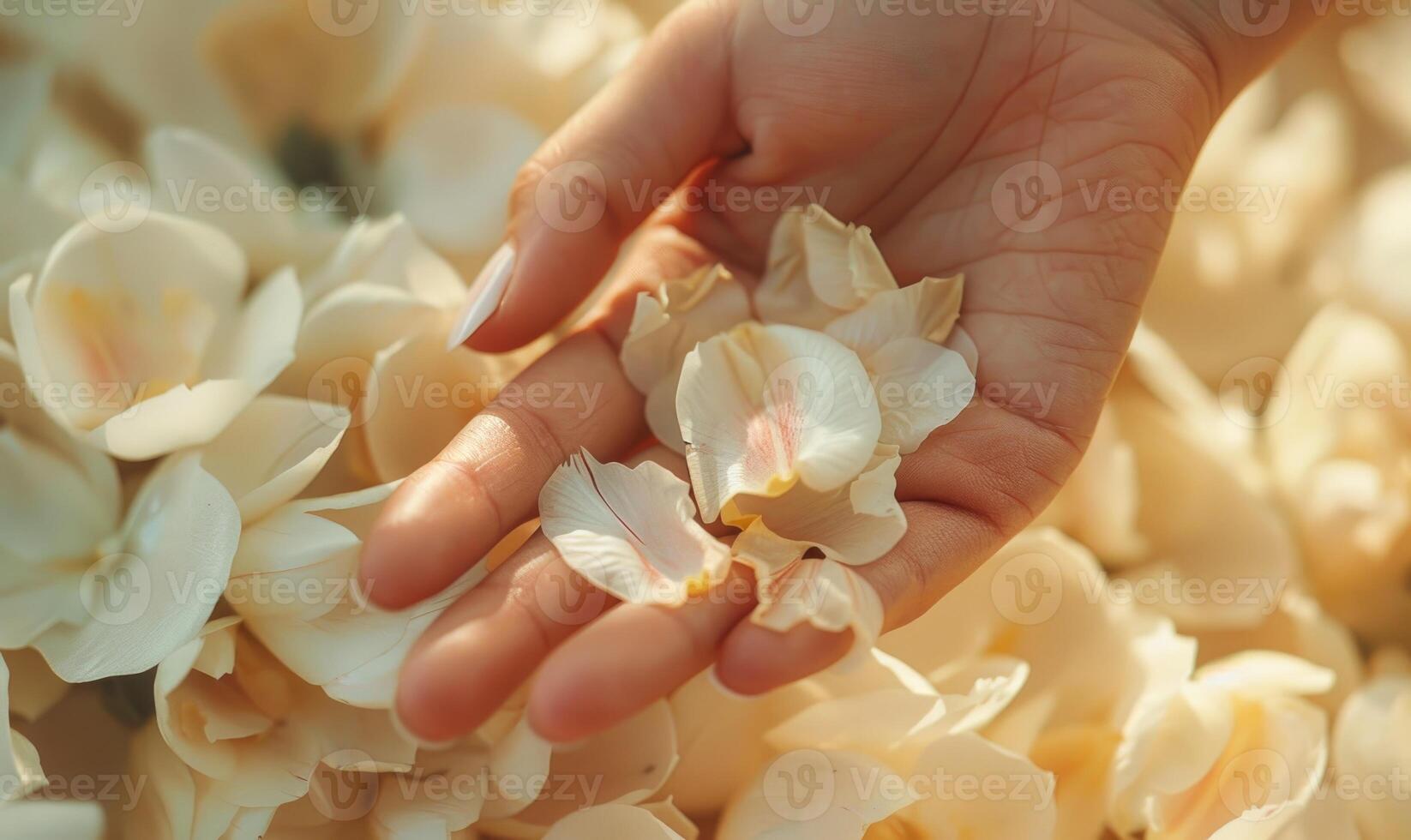 ai generado de cerca de un mujer mano con un neutral manicura, adornado con delicado flor pétalos foto