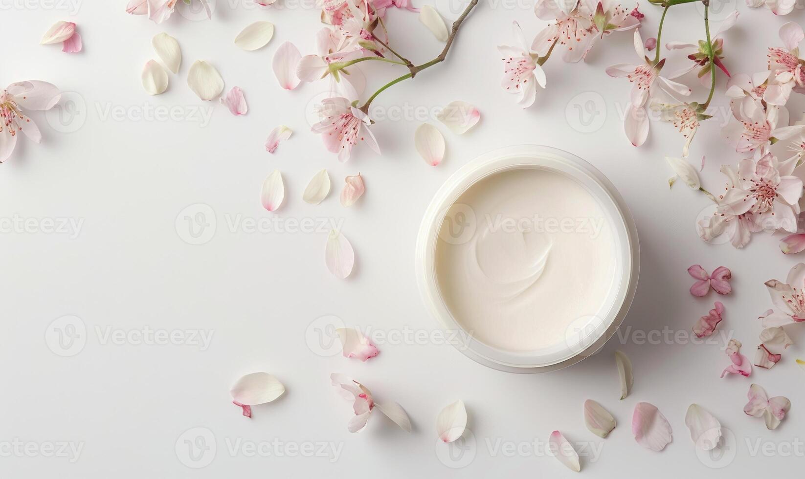 AI generated Creme jar blank mockup surrounded by delicate flower petals photo