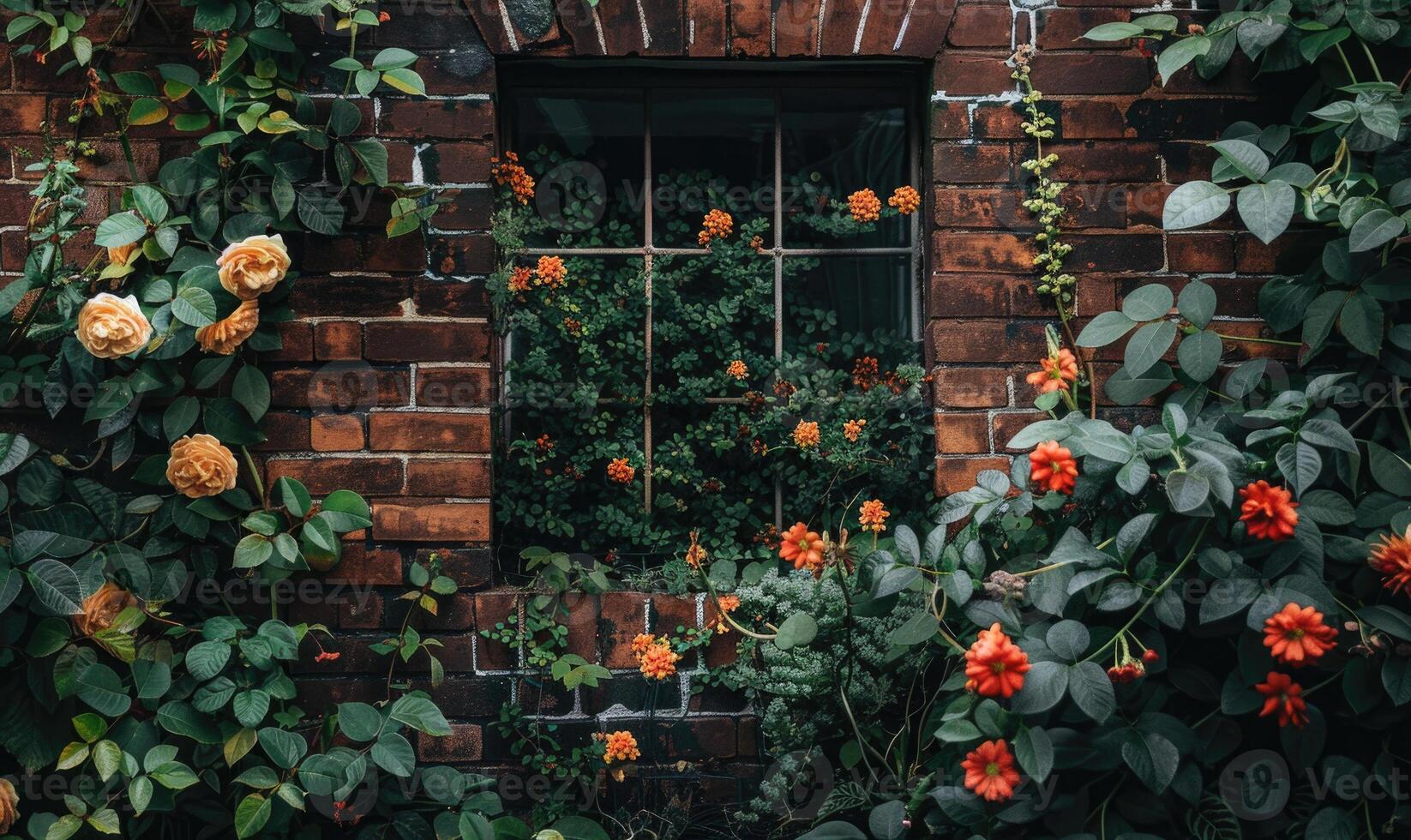 AI generated Brick wall and orange flowers in the garden. Vintage style. photo