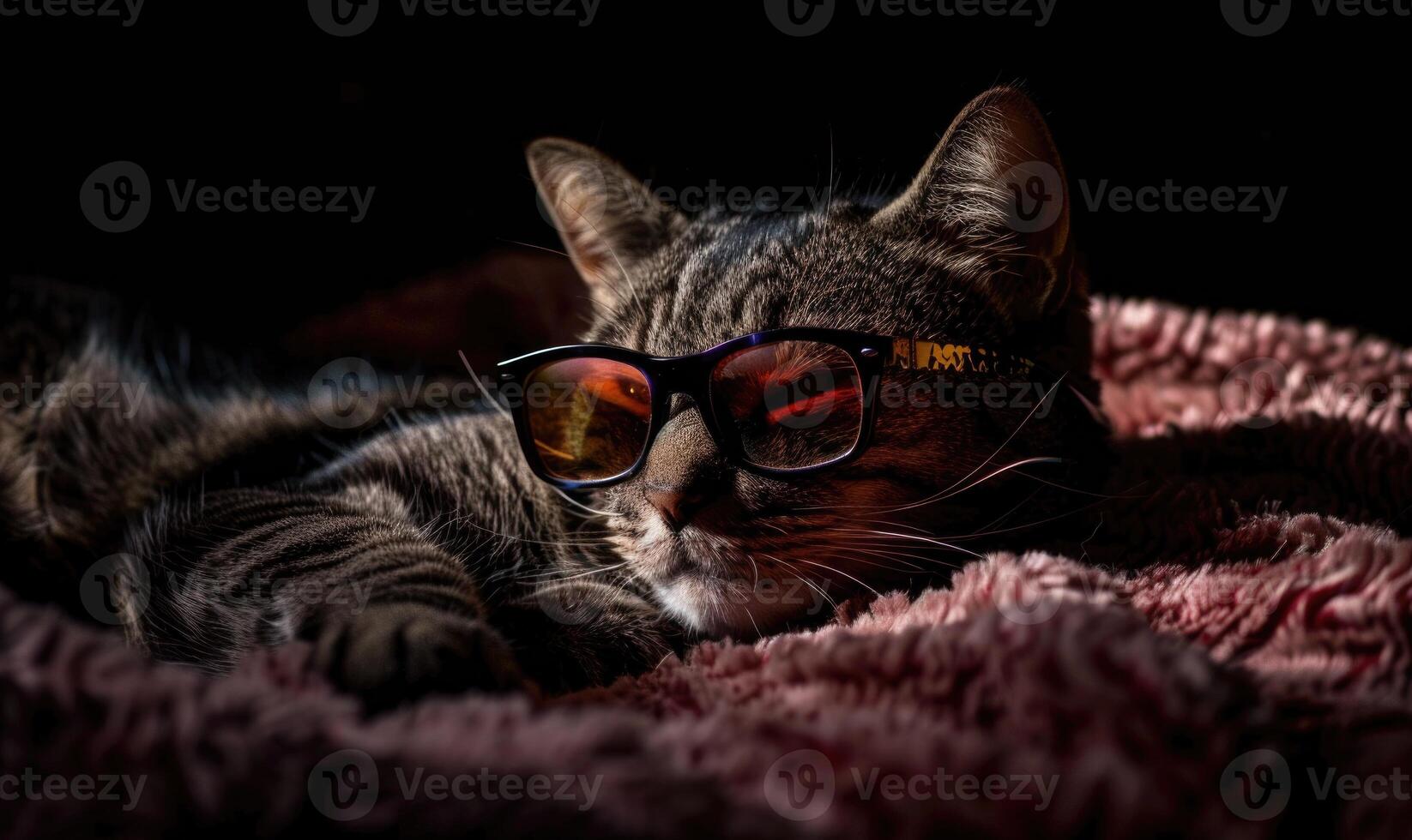 AI generated Portrait of a striped cat with glasses on a dark background. photo