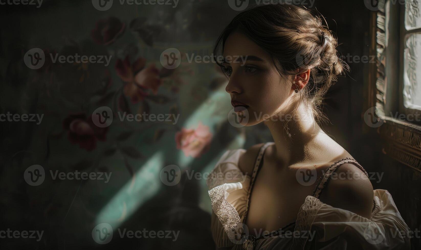 AI generated Portrait of a beautiful young woman in a vintage interior. Retro style. photo