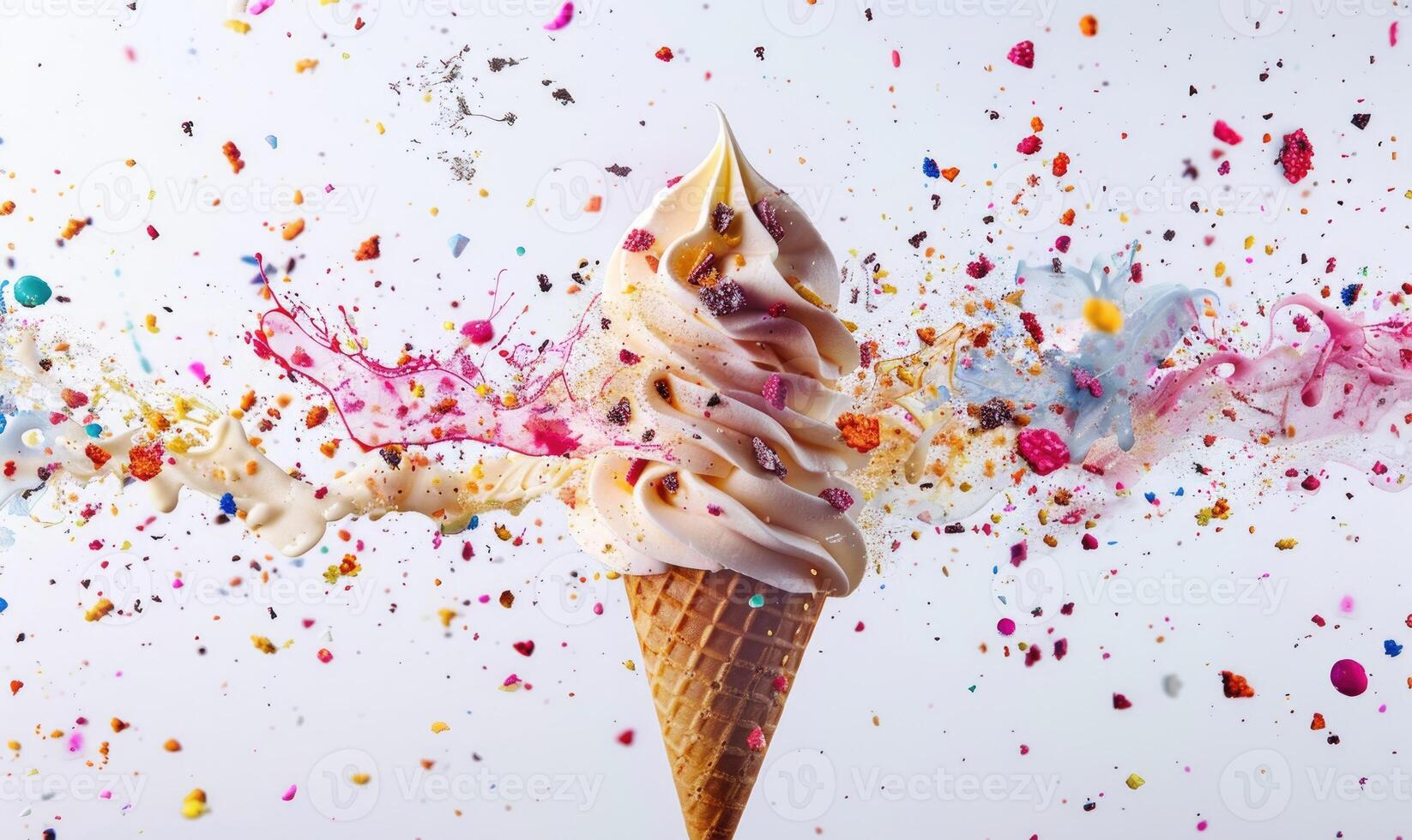 AI generated Ice cream cone explosion on white background photo