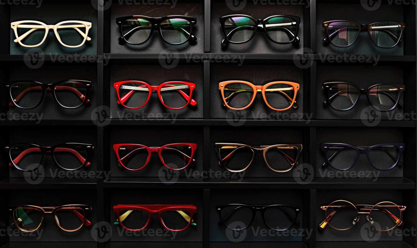 AI generated Colorful eyeglasses on a black shelf. photo