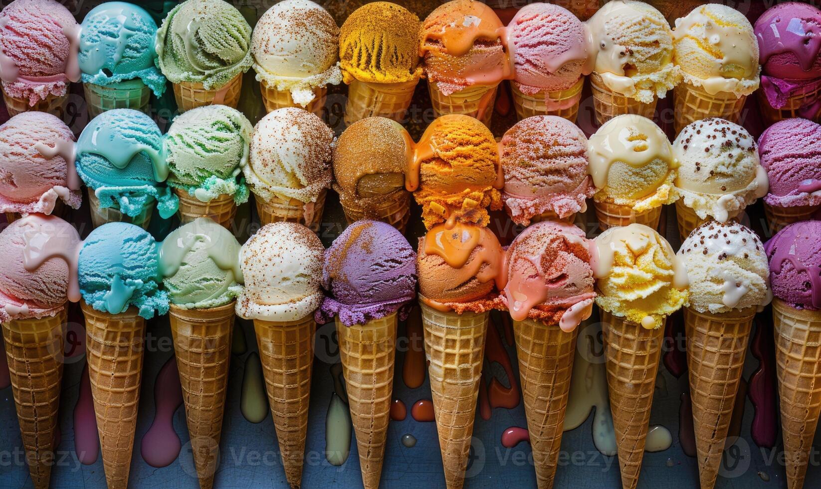 AI generated Colorful assortment of ice cream cones on the shop showcase. Colorful ice cream background photo