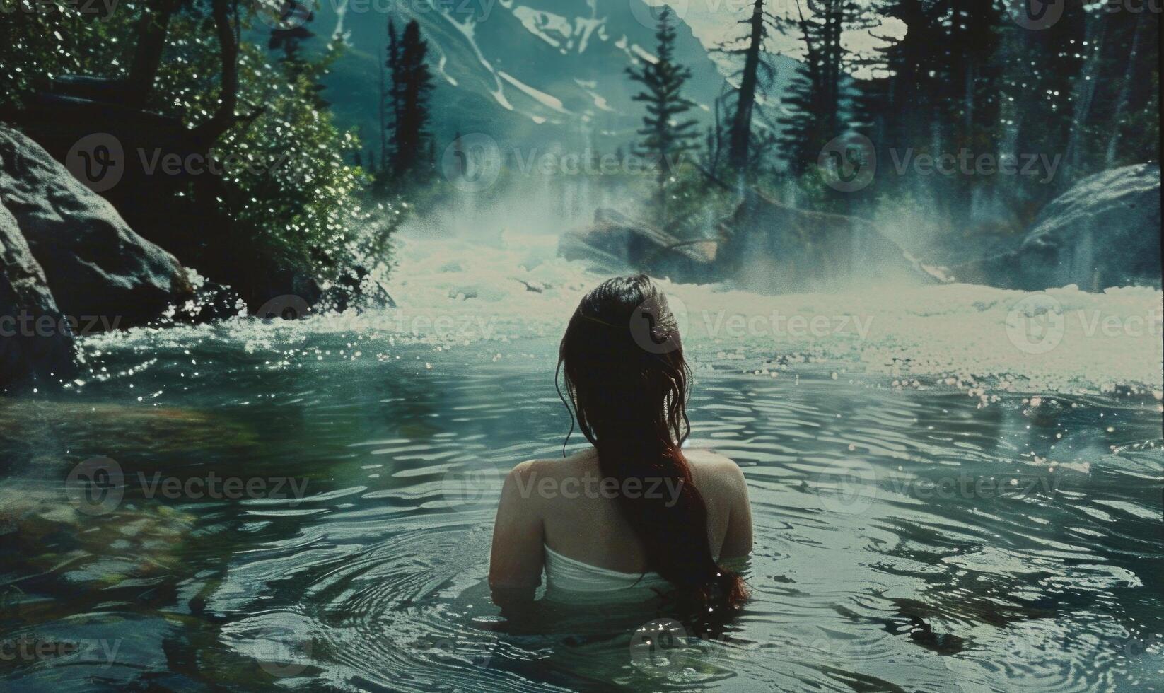 AI generated Young woman relaxing in the water of a mountain stream in the forest photo