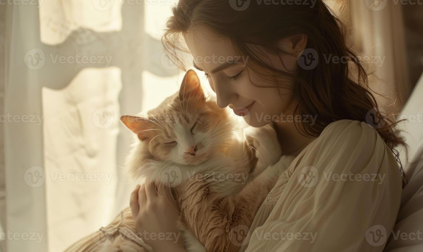 AI generated Beautiful young woman with cute cat at home. Cozy atmosphere photo