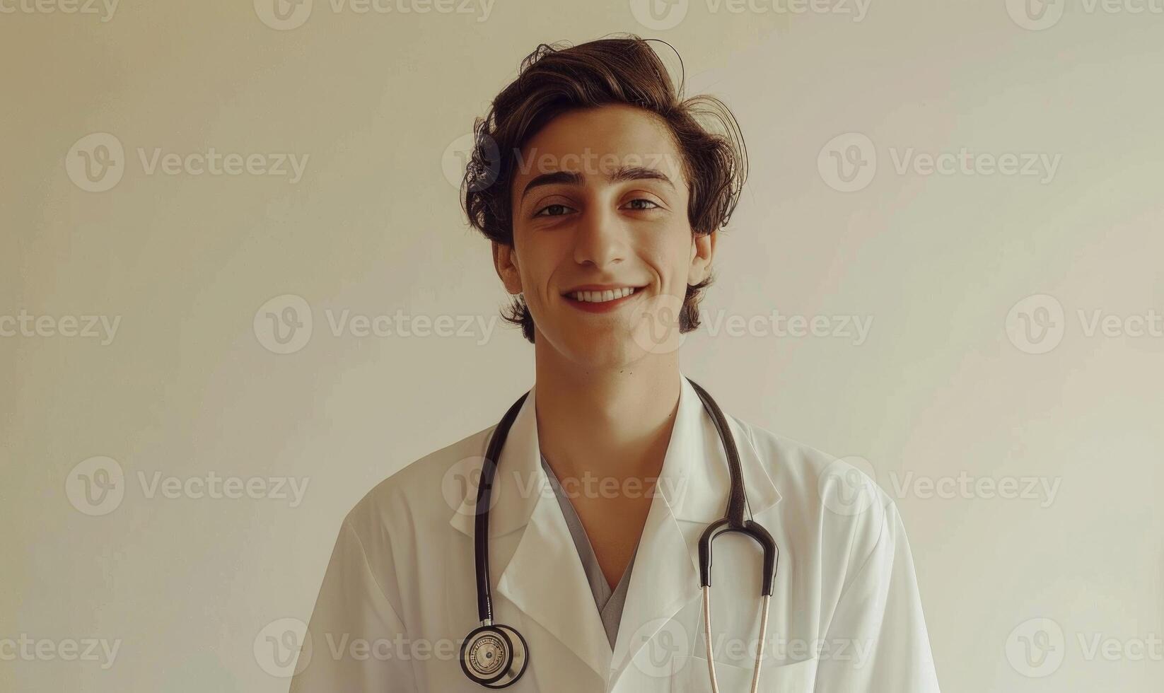 ai generado retrato de joven masculino médico con estetoscopio en blanco antecedentes foto