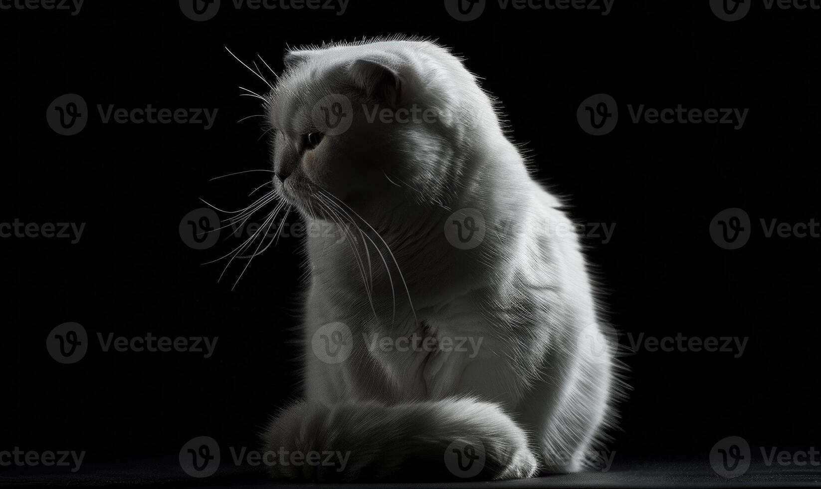 AI generated Studio portrait of a regal white Scottish Fold cat on a dark background, space for text photo