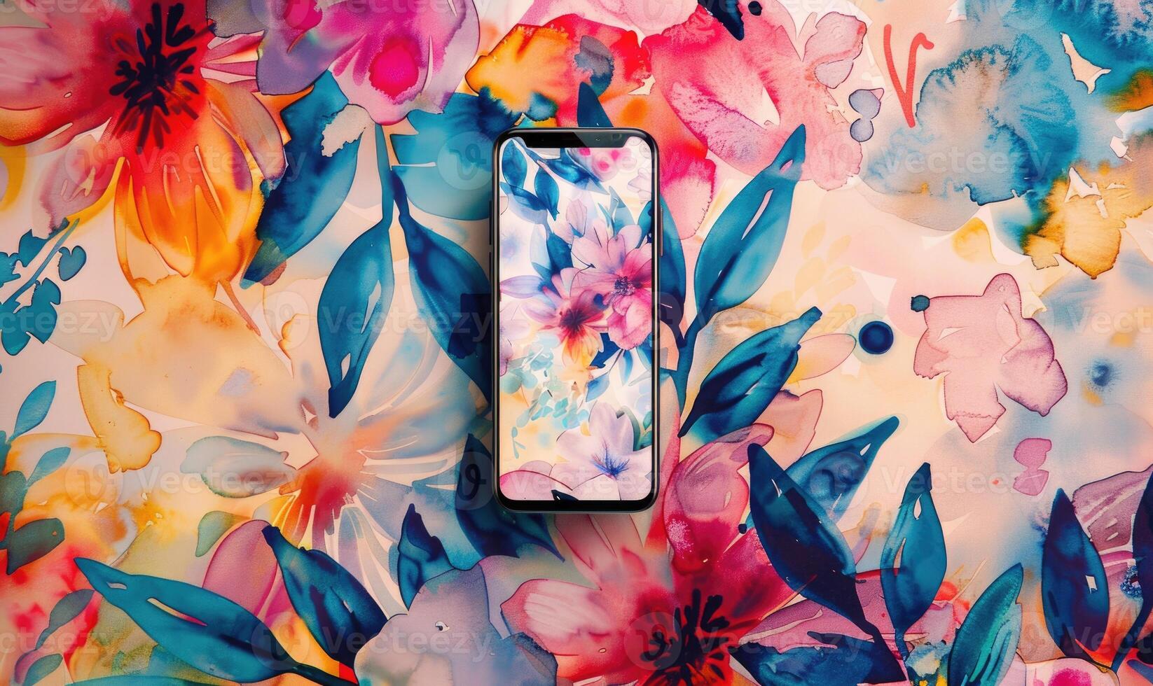 AI generated Artistic smartphone mockup against a vibrant watercolor floral seamless background photo