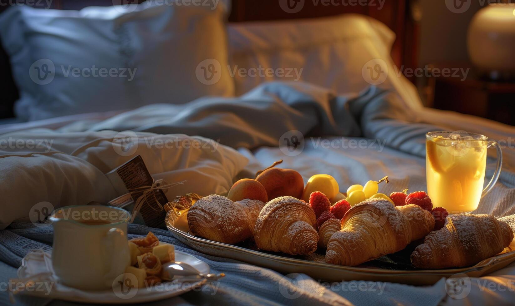 AI generated Breakfast in bed with coffee, croissants and croissants photo