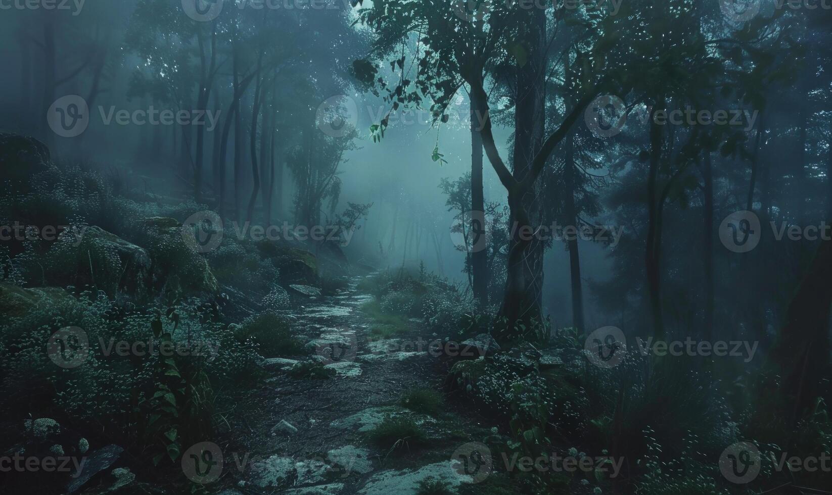 AI generated Mystical foggy forest. Foggy path in the woods. photo