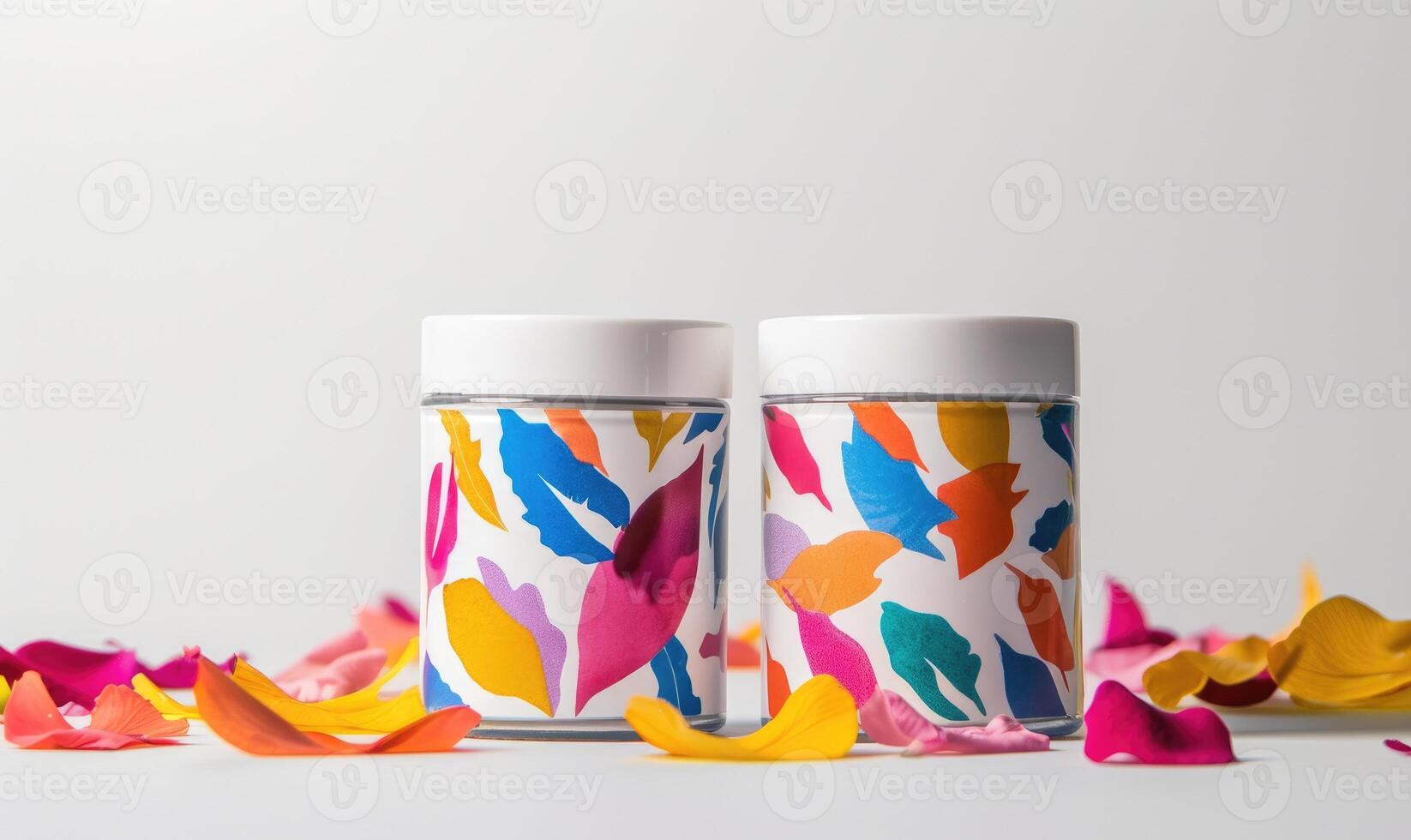 AI generated Two creme jar blank mockups adorned with colorful flower petals. White background photo