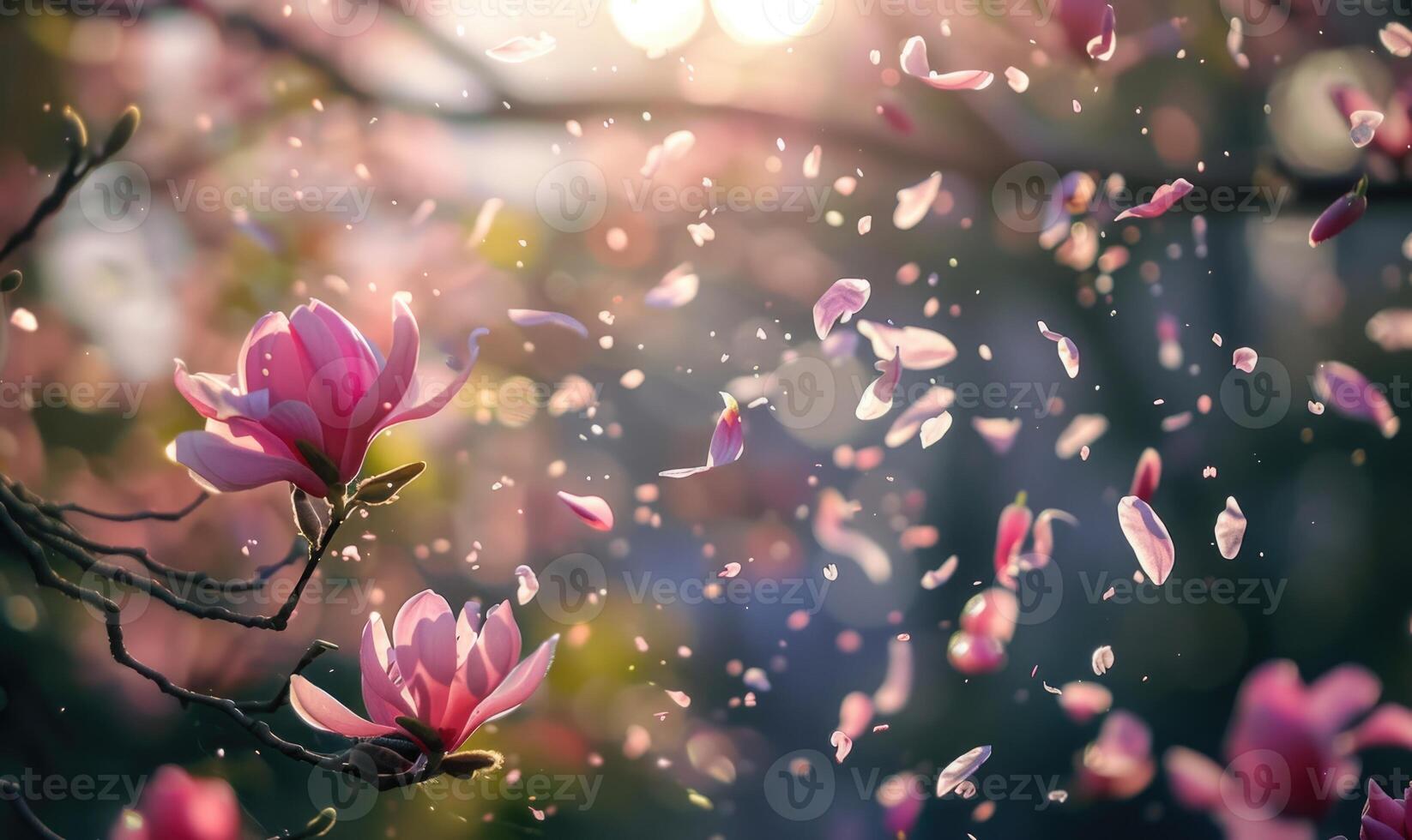AI generated Magnolia petals gently falling from a tree in a spring breeze, nature background photo