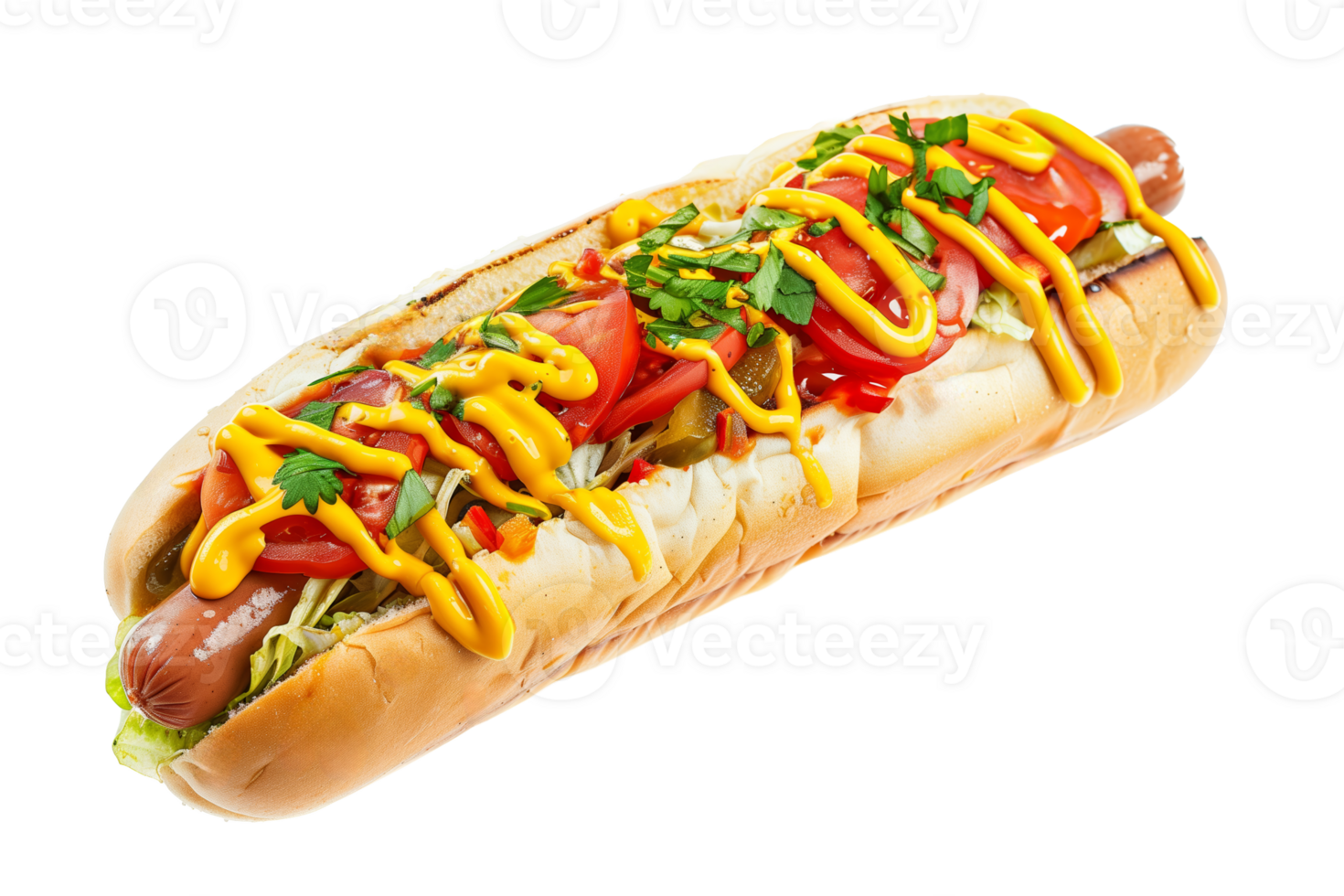 AI generated Gourmet hot dog with mustard, ketchup, fresh tomatoes, onions, and herbs isolated on a transparent background   ideal image for fast food concepts and menus png