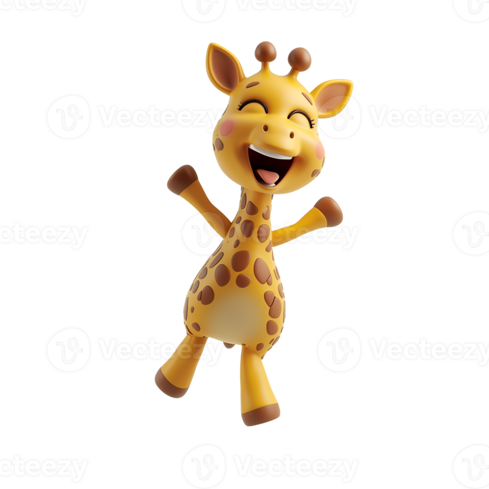 AI generated 3D animated giraffe character dancing joyfully, isolated on a transparent background, suitable for childrens themes and educational content png
