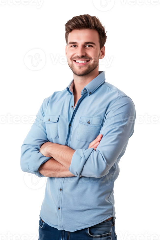 AI generated Smiling confident young Caucasian man in casual blue shirt with arms crossed, isolated on a transparent background, ideal for professional and business concepts png