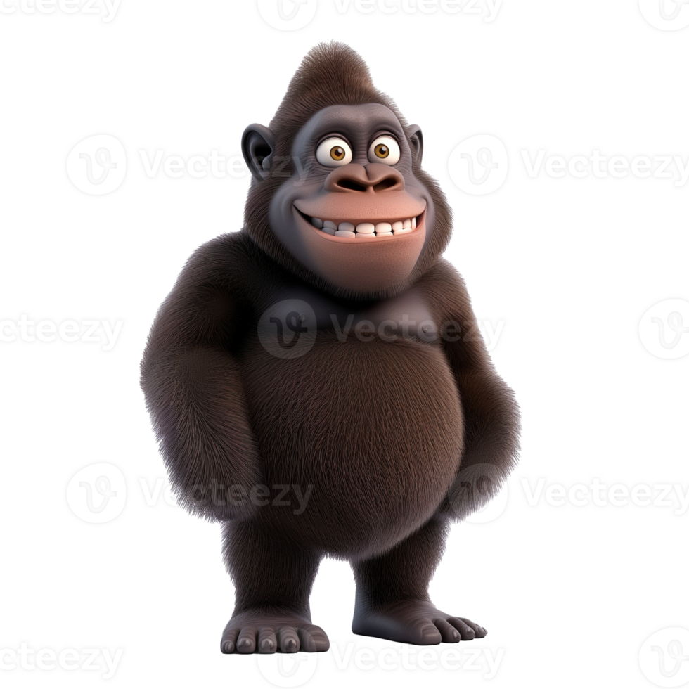 AI generated 3D illustration of a friendly smiling cartoon gorilla standing isolated on a transparent background, perfect for wildlife or conservation related designs png