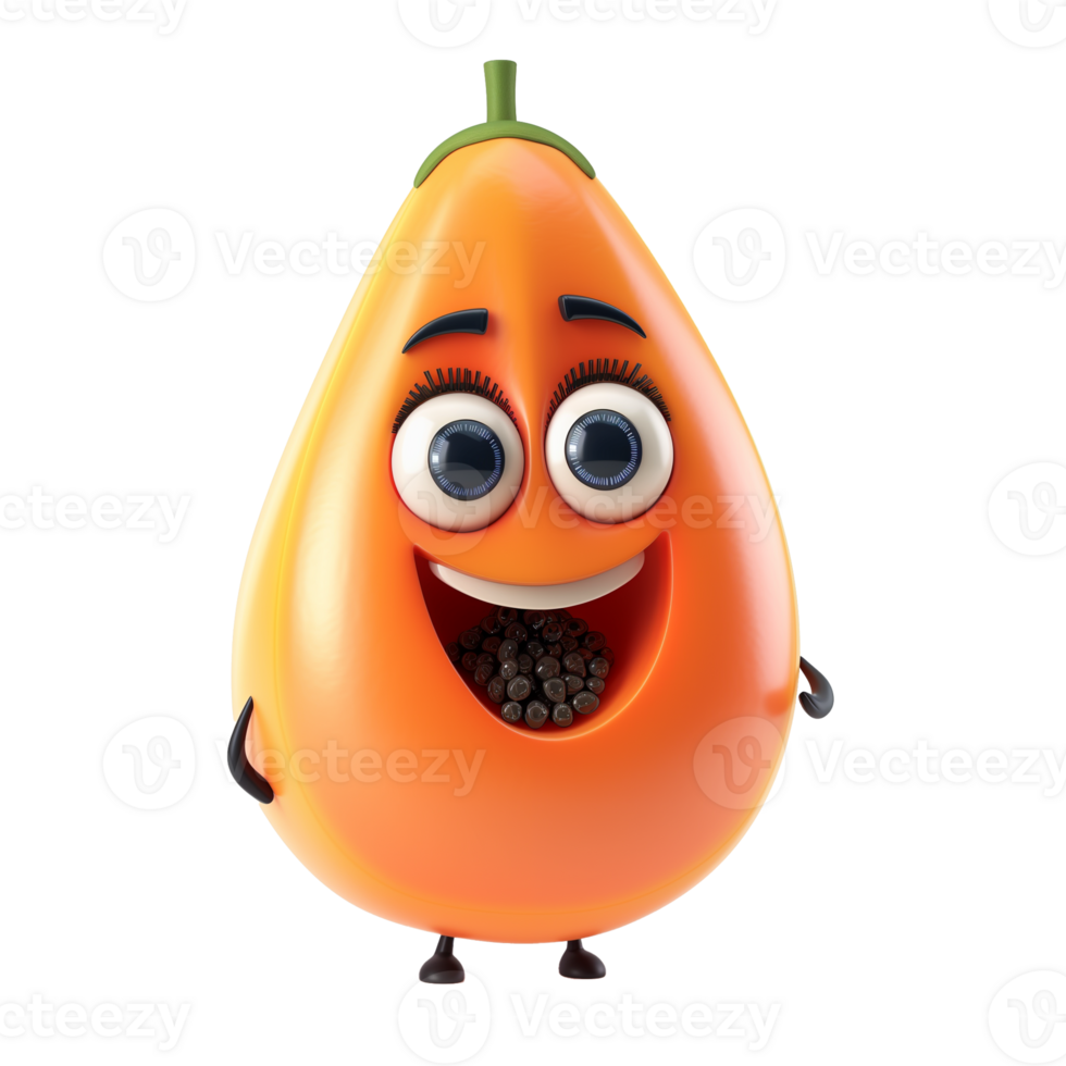 AI generated Animated papaya character with cute face and bubble eyes isolated on a transparent background, concept for fun food promotion or healthy eating for kids png
